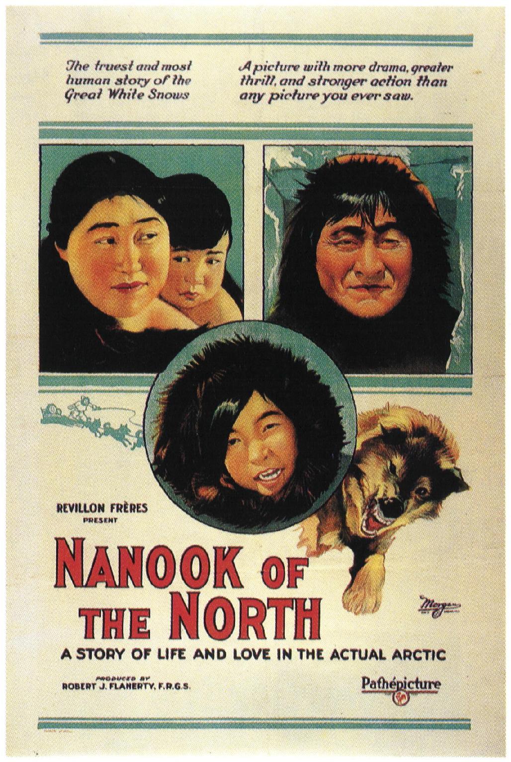 Cartel de cine de 1922 con tres viñetas de rostros inuit sonrientes con capucha de piel, un perro, y el título Nanook of the North en letras rojas