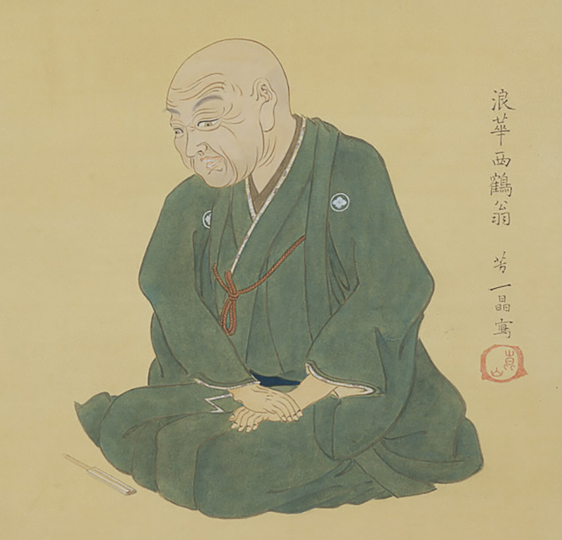 Pintura japonesa de un hombre mayor con la cabeza rapada, sentado y vestido con un manto verde
