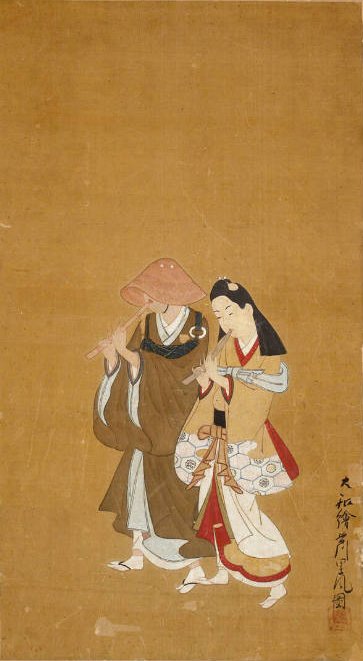 Pintura japonesa sobre seda de un joven ricamente vestido junto a un monje errante que toca una flauta de bambú