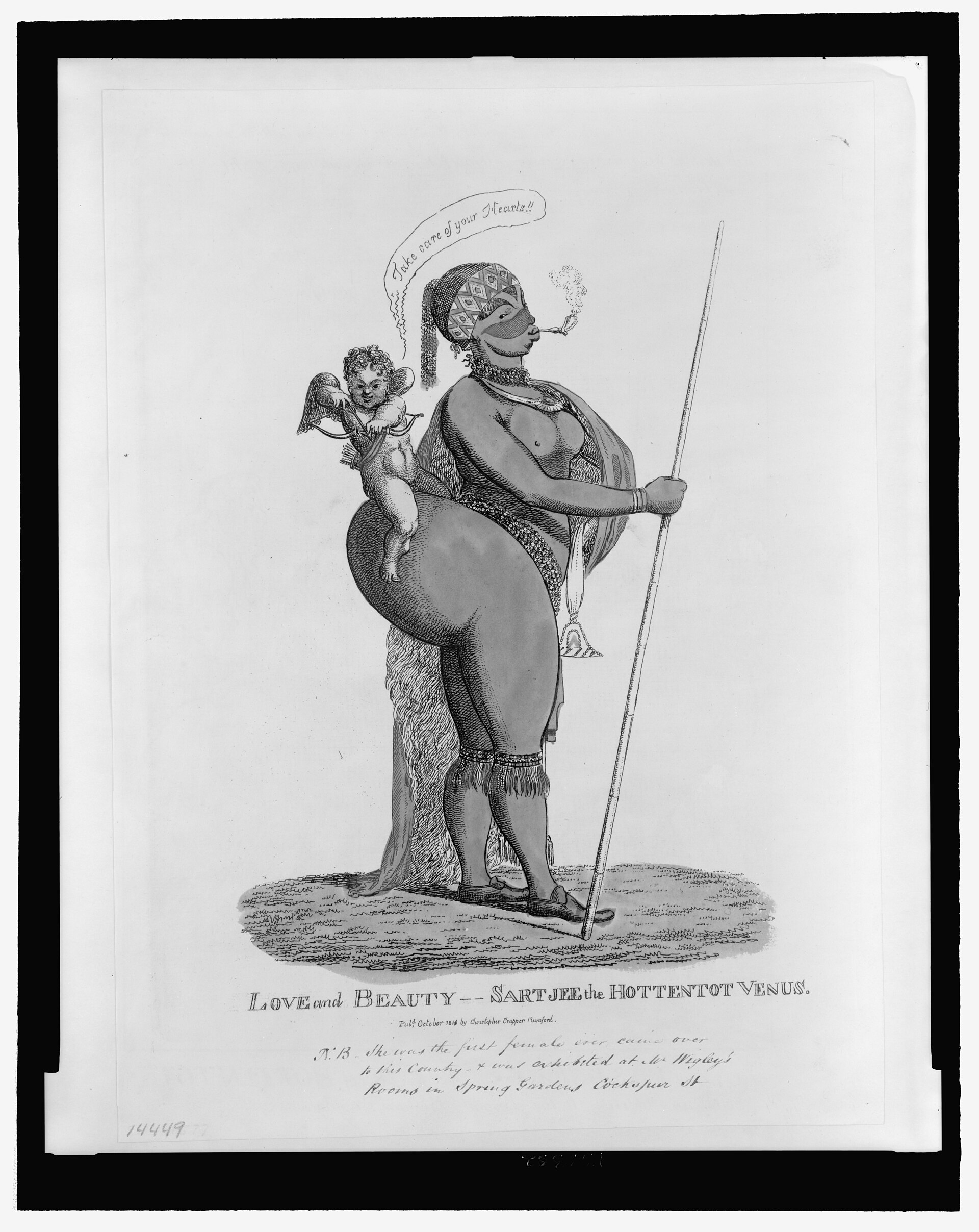 Caricatura londinense de 1810 titulada «Love and Beauty — Sartjee the Hottentot Venus», con la figura de Sara Baartman y un cupido