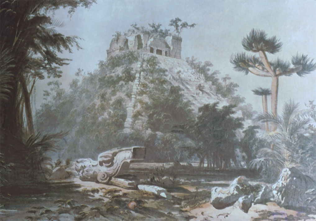 Grabado coloreado de una pirámide escalonada cubierta de vegetación, con un templo en lo alto, rodeada de selva baja y con dos figuras pequeñas en primer plano