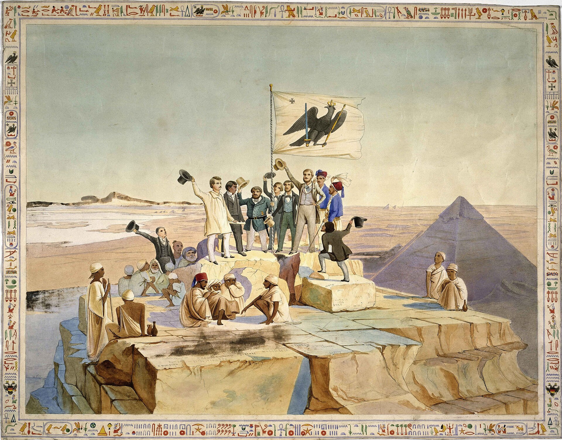 Acuarela de un grupo de hombres con sombreros y ropas del siglo XIX sobre la cima plana de una pirámide, levantando una bandera con un águila, con otra pirámide al fondo