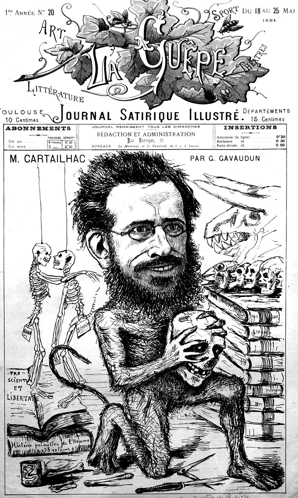 Portada de un semanario satírico de 1884 con la caricatura de un hombre barbudo y desnudo, en cuclillas sobre pieles, tallando un pedernal entre esqueletos y herramientas prehistóricas