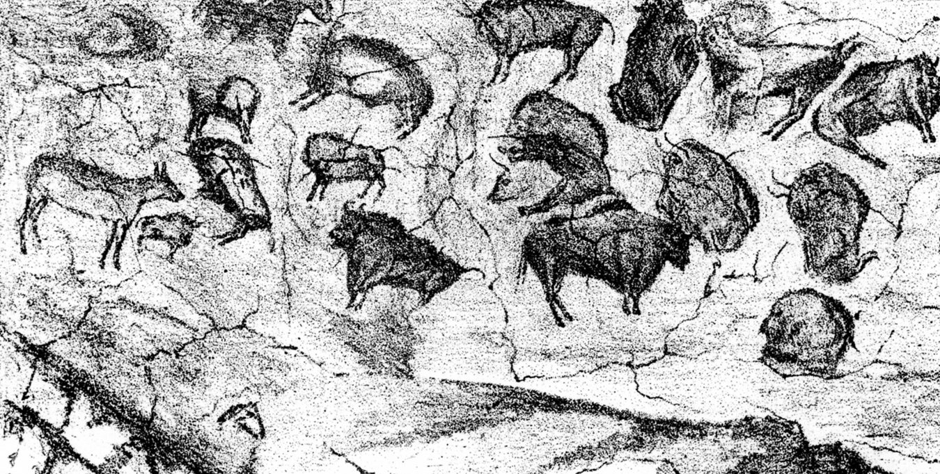 Litografía en blanco y negro de un techo cubierto de bisontes y otros animales dibujados en distintas posturas, con las grietas de la roca marcadas