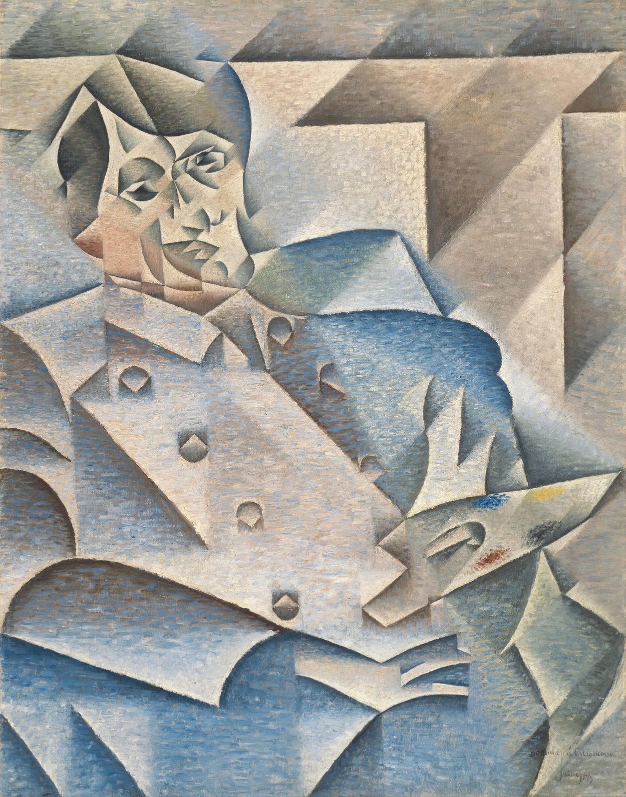 Retrato cubista de un hombre sentado con una paleta, con el rostro y el cuerpo descompuestos en facetas geométricas de tonos azules, grises y ocres