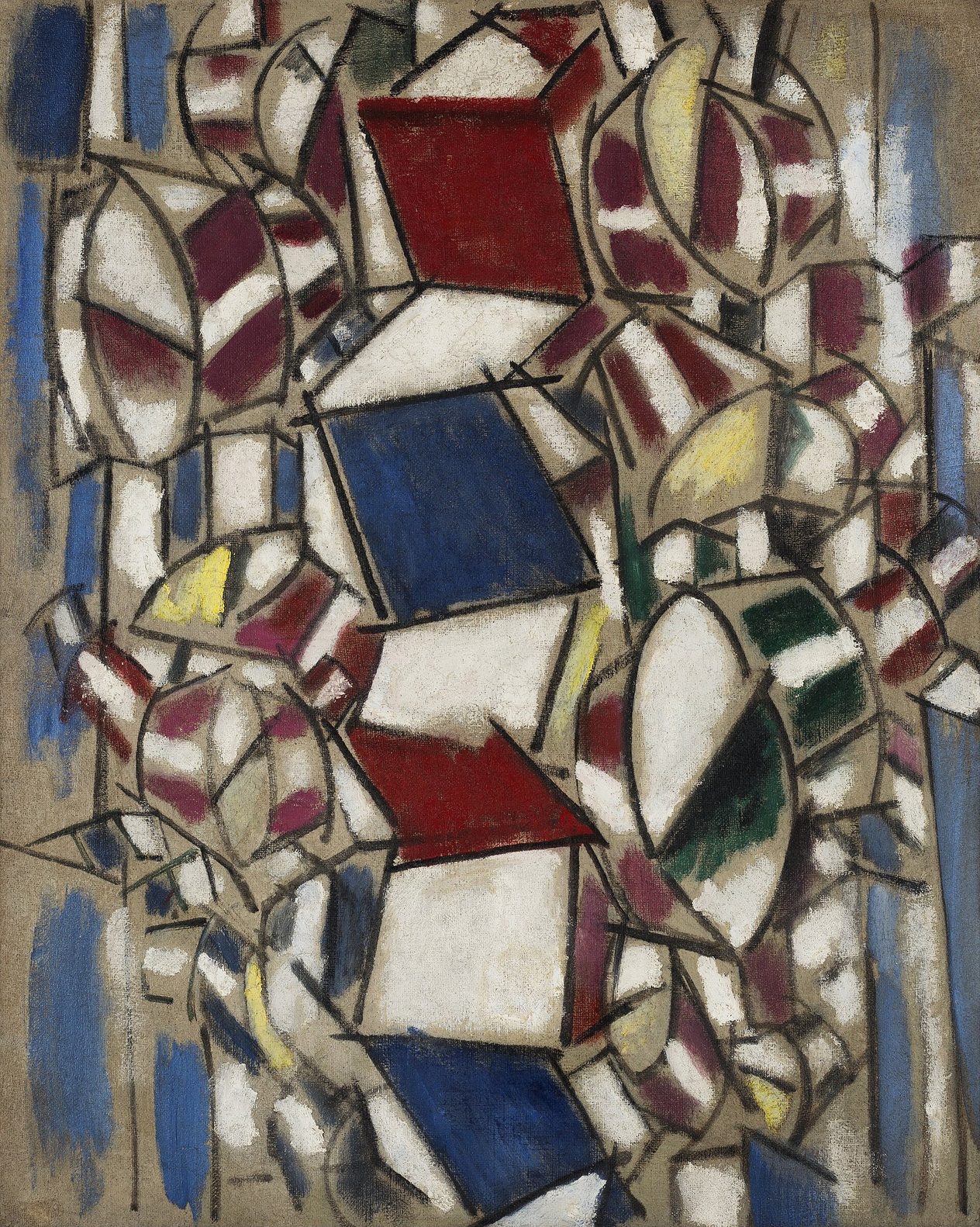 Pintura abstracta de formas cilíndricas y curvas con contornos negros, en rojo, azul, amarillo y blanco, que parecen piezas de metal apiladas