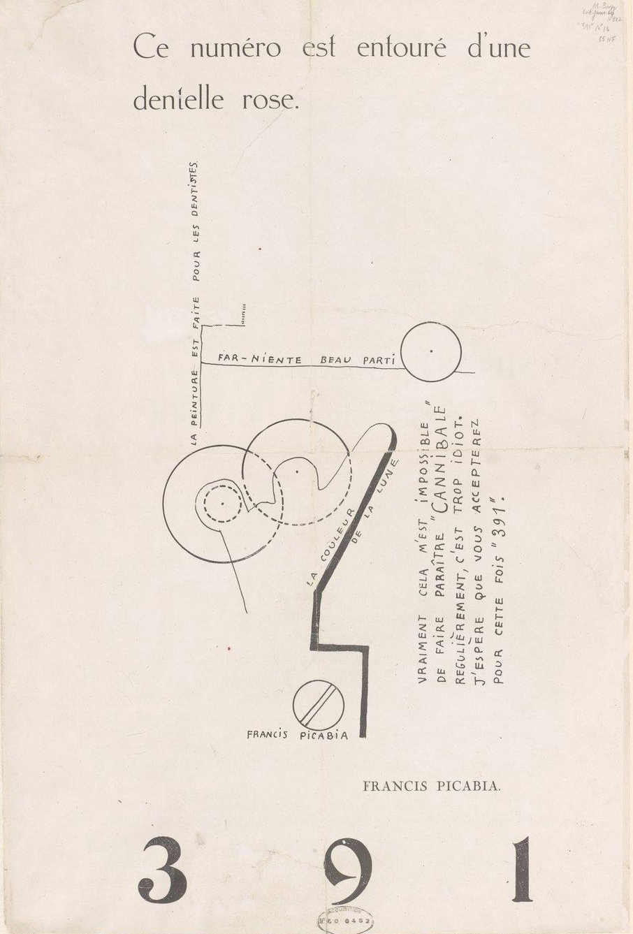 Portada de revista con un dibujo mecánico de círculos y líneas como un mecanismo, textos manuscritos dispuestos en vertical y el título 391 en grandes números abajo