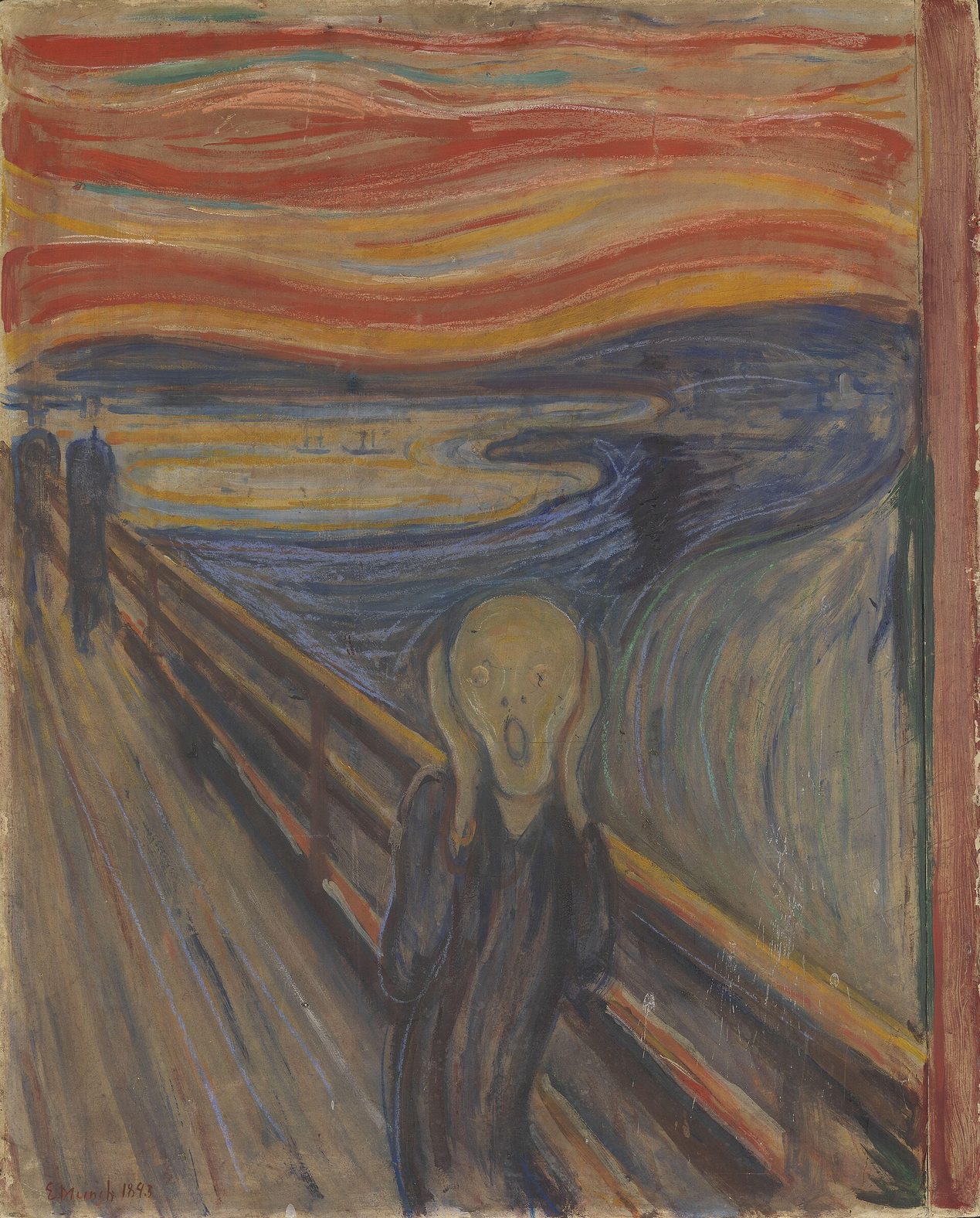 Pintura de una figura de cara pálida y alargada que se tapa los oídos en una pasarela, bajo un cielo de franjas rojas y naranjas y junto a un fiordo azul de líneas ondulantes