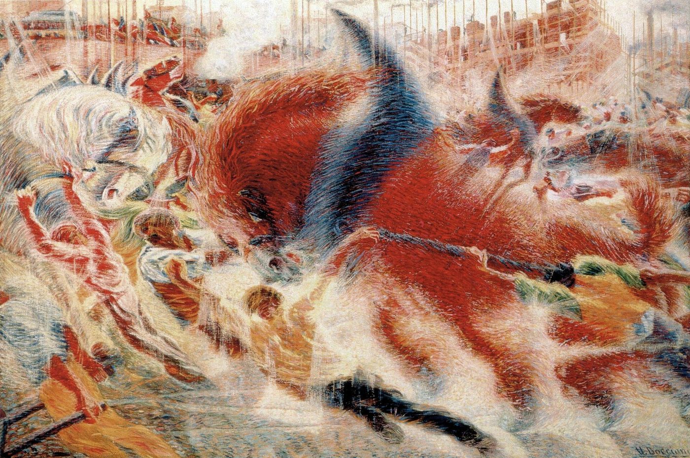 Pintura de un enorme caballo rojo que se lanza hacia delante en un torbellino de pinceladas, con obreros que tiran de él y andamios y edificios en construcción al fondo