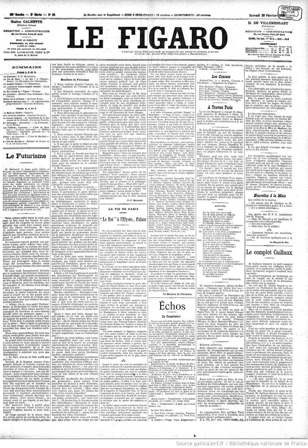 Portada del diario Le Figaro con la cabecera en grandes letras y columnas de texto, entre ellas el artículo titulado Le Futurisme