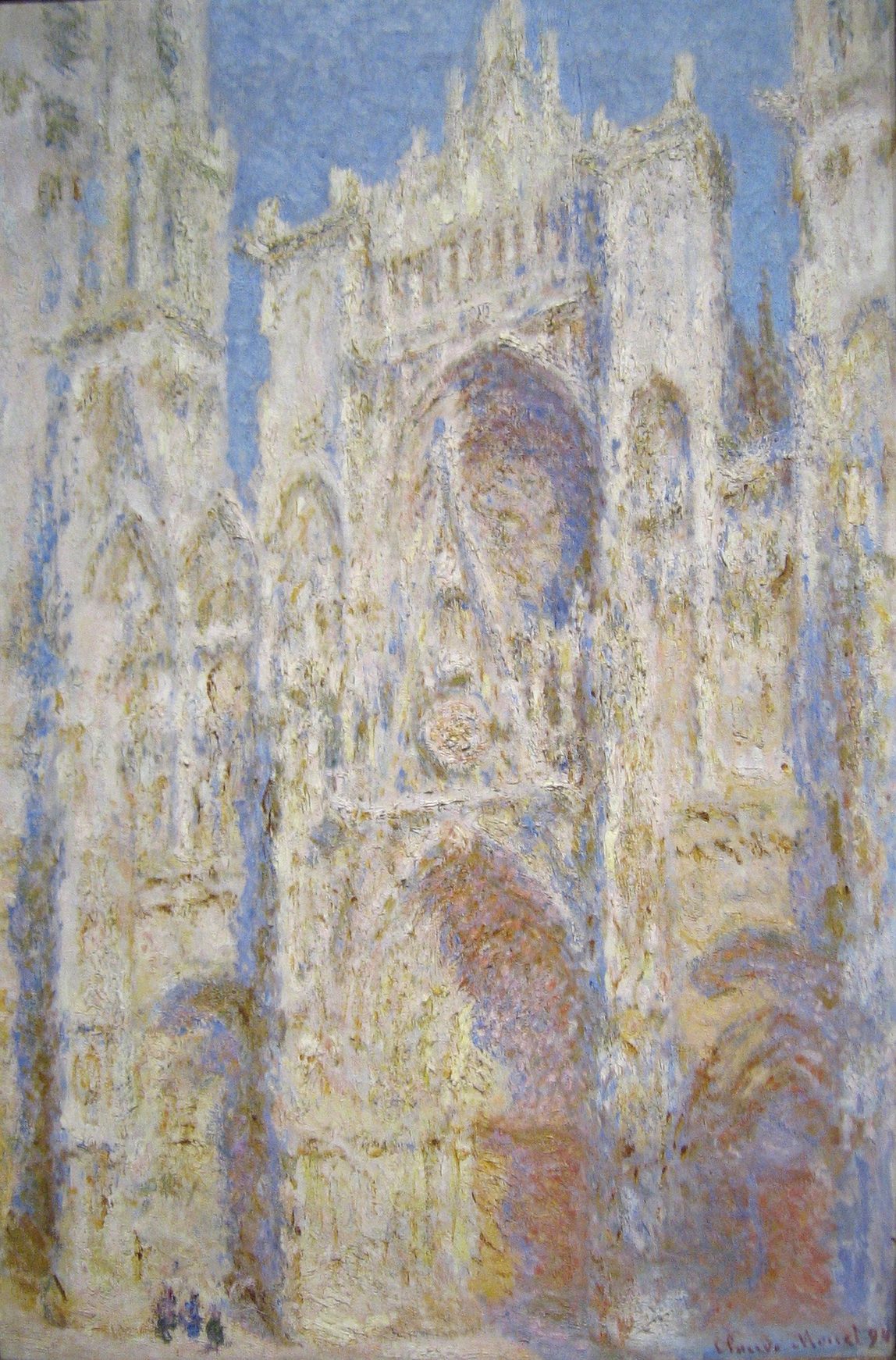 Pintura de la fachada gótica de la catedral de Ruan, con sus portadas y torres disueltas en tonos blancos, amarillos y azules de luz solar