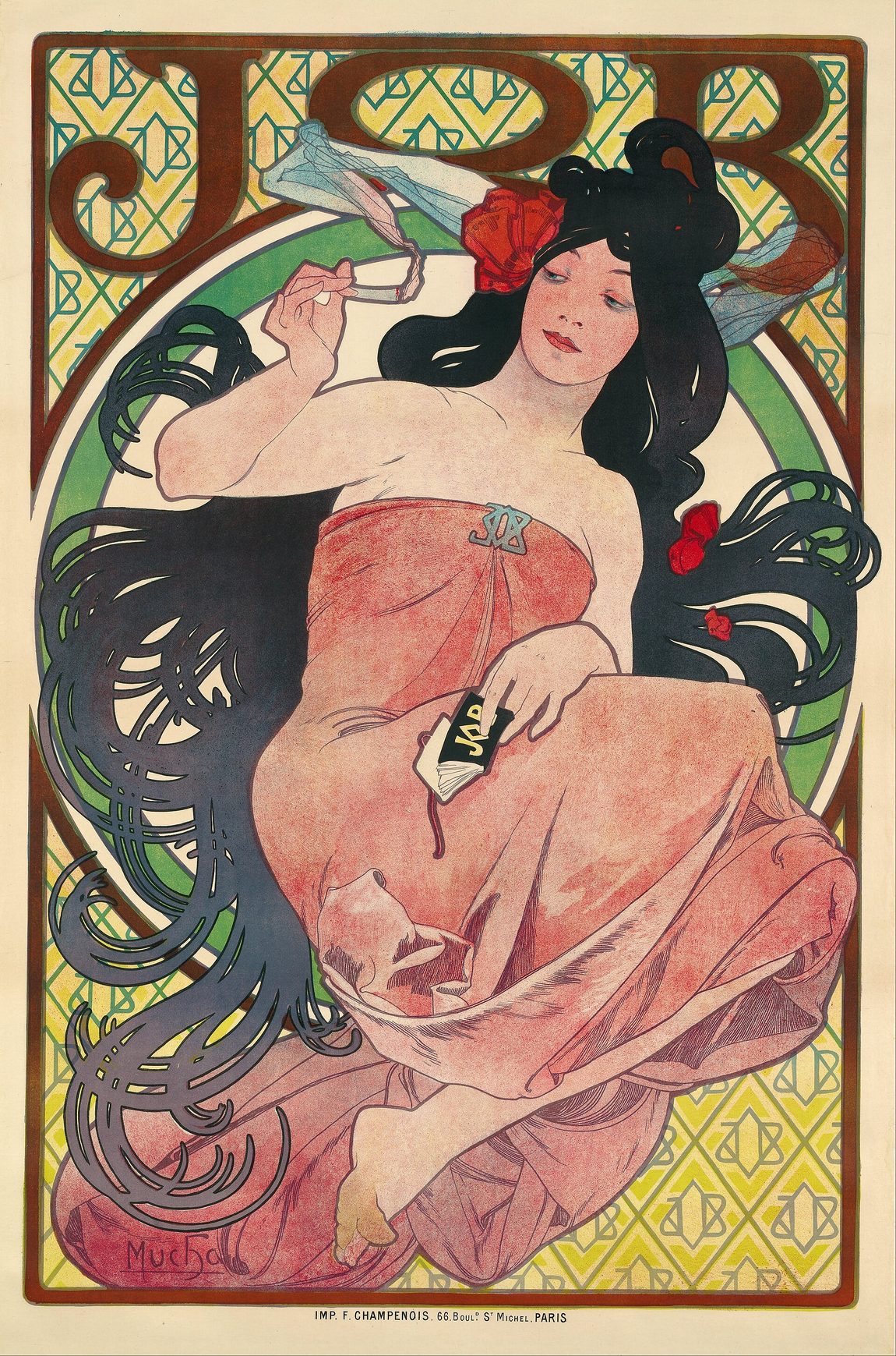 Cartel de una mujer de larga melena ondulada que fuma un cigarrillo, con el monograma JOB repetido en el fondo y un marco decorativo