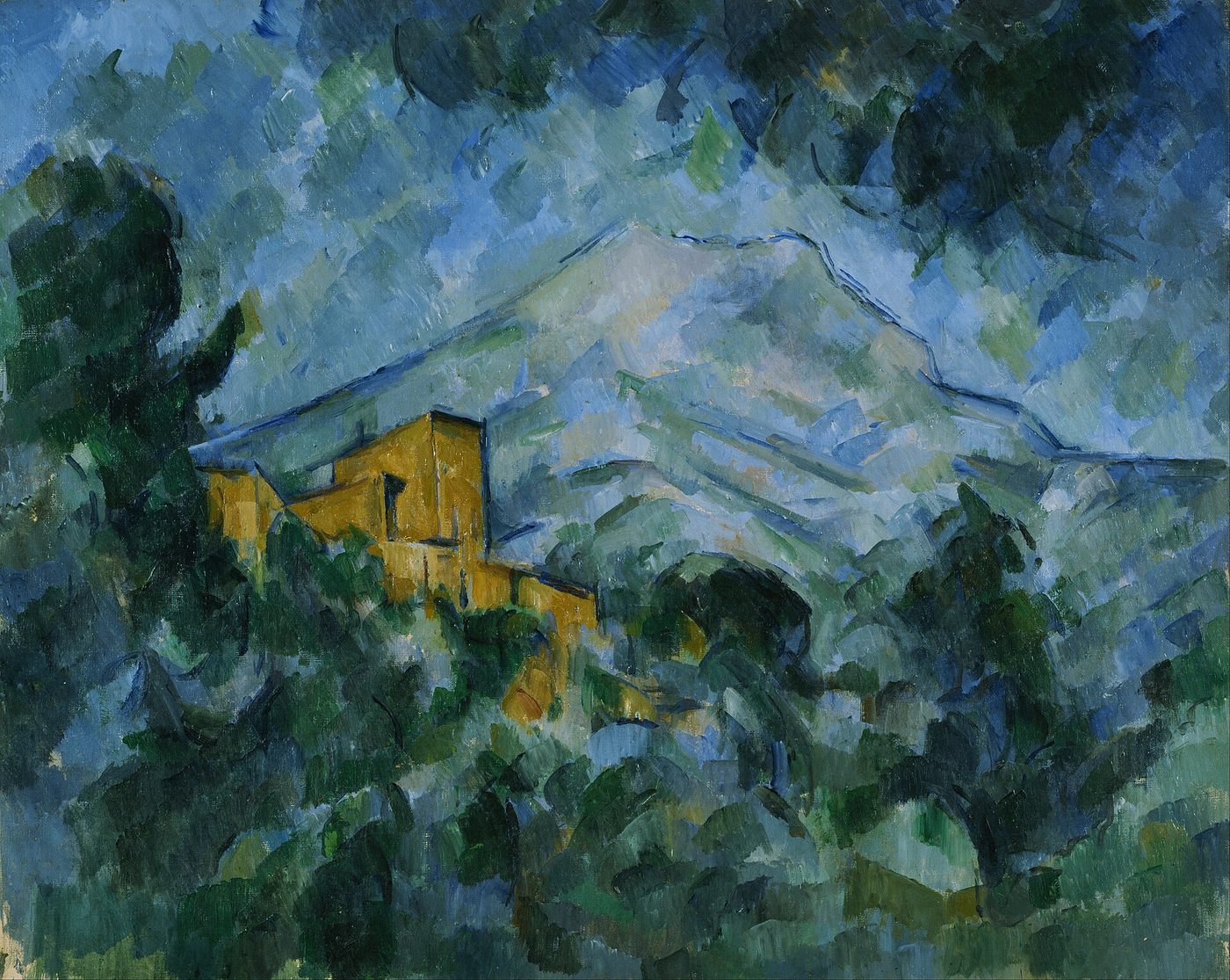 Pintura de una montaña de laderas azuladas sobre un valle verde, con un edificio amarillento entre árboles, construida con manchas de color en planos