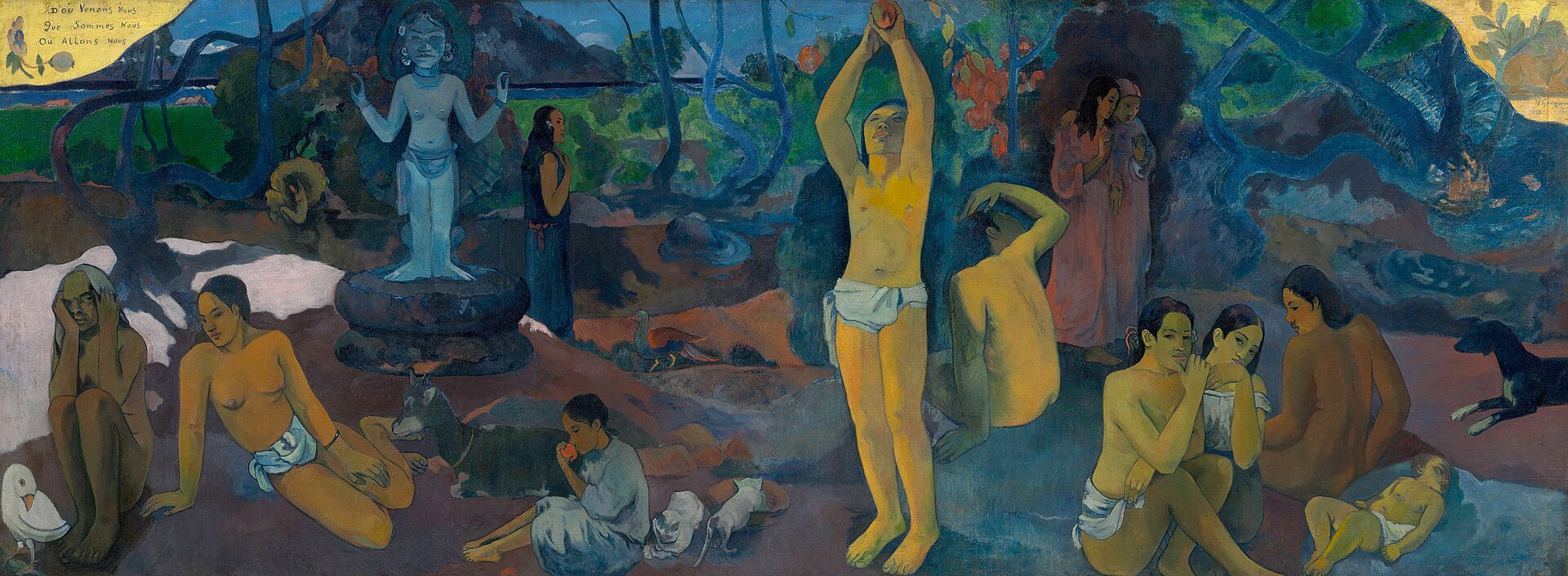 Pintura apaisada con figuras tahitianas en un paisaje de tonos azules y verdes, una figura central recogiendo fruta, un ídolo al fondo y una anciana en el extremo izquierdo
