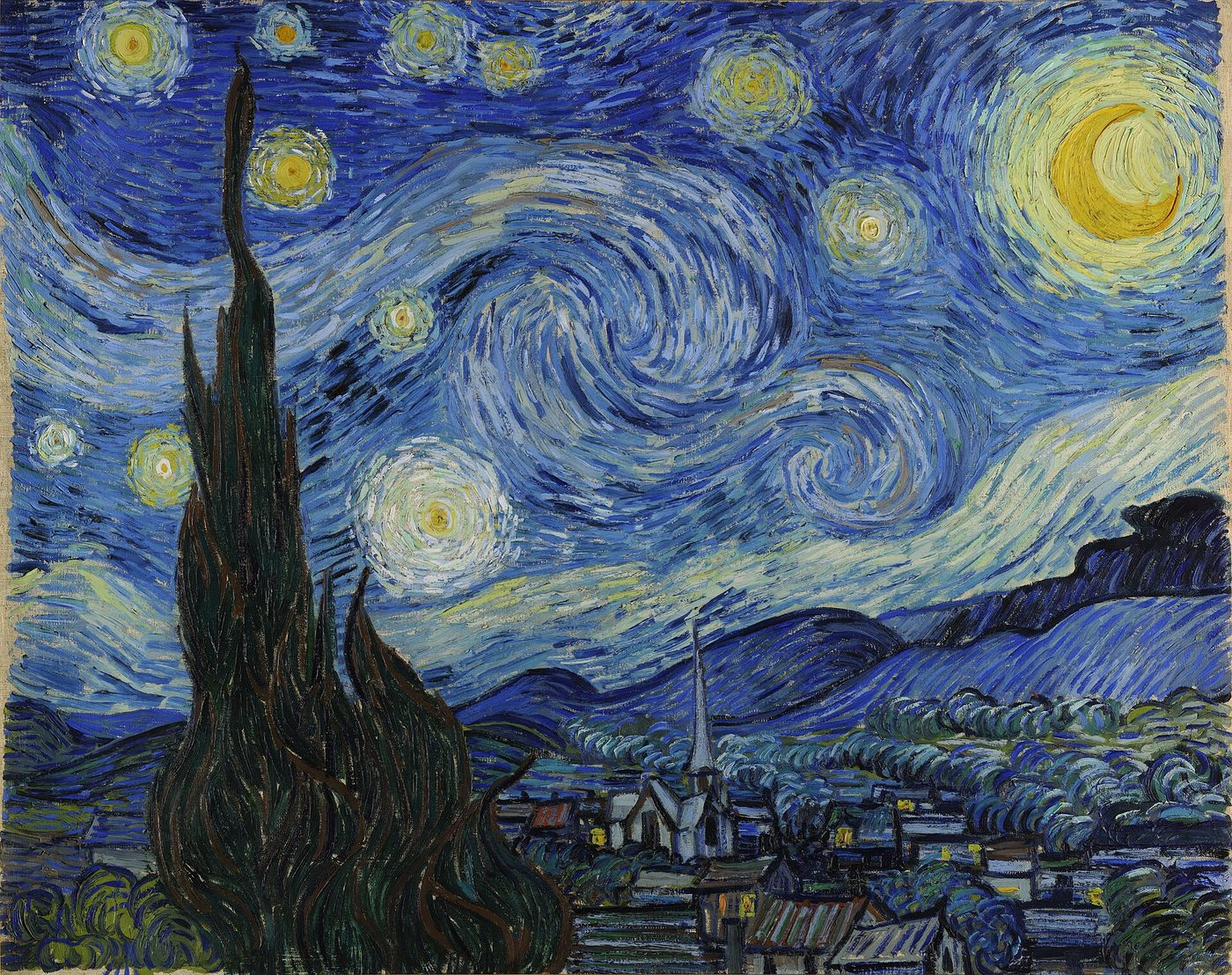 Pintura de un cielo nocturno azul con remolinos, estrellas rodeadas de halos amarillos y una luna creciente, sobre un pueblo con campanario y un gran ciprés oscuro en primer plano