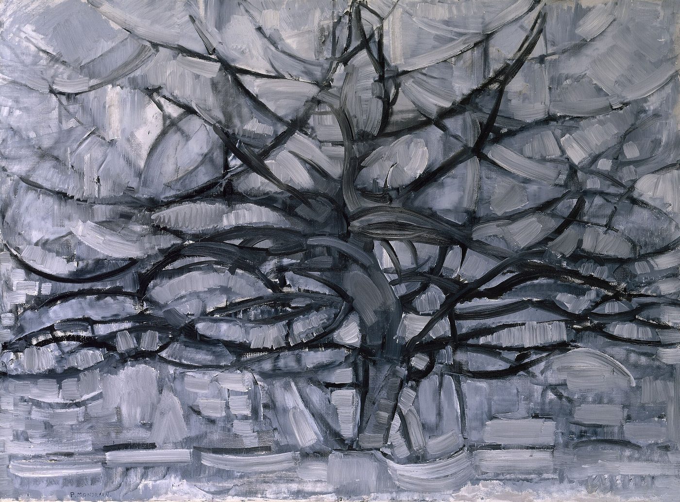 Pintura de un árbol sin hojas en tonos grises y negros, con las ramas convertidas en una red de curvas que se extiende por todo el lienzo