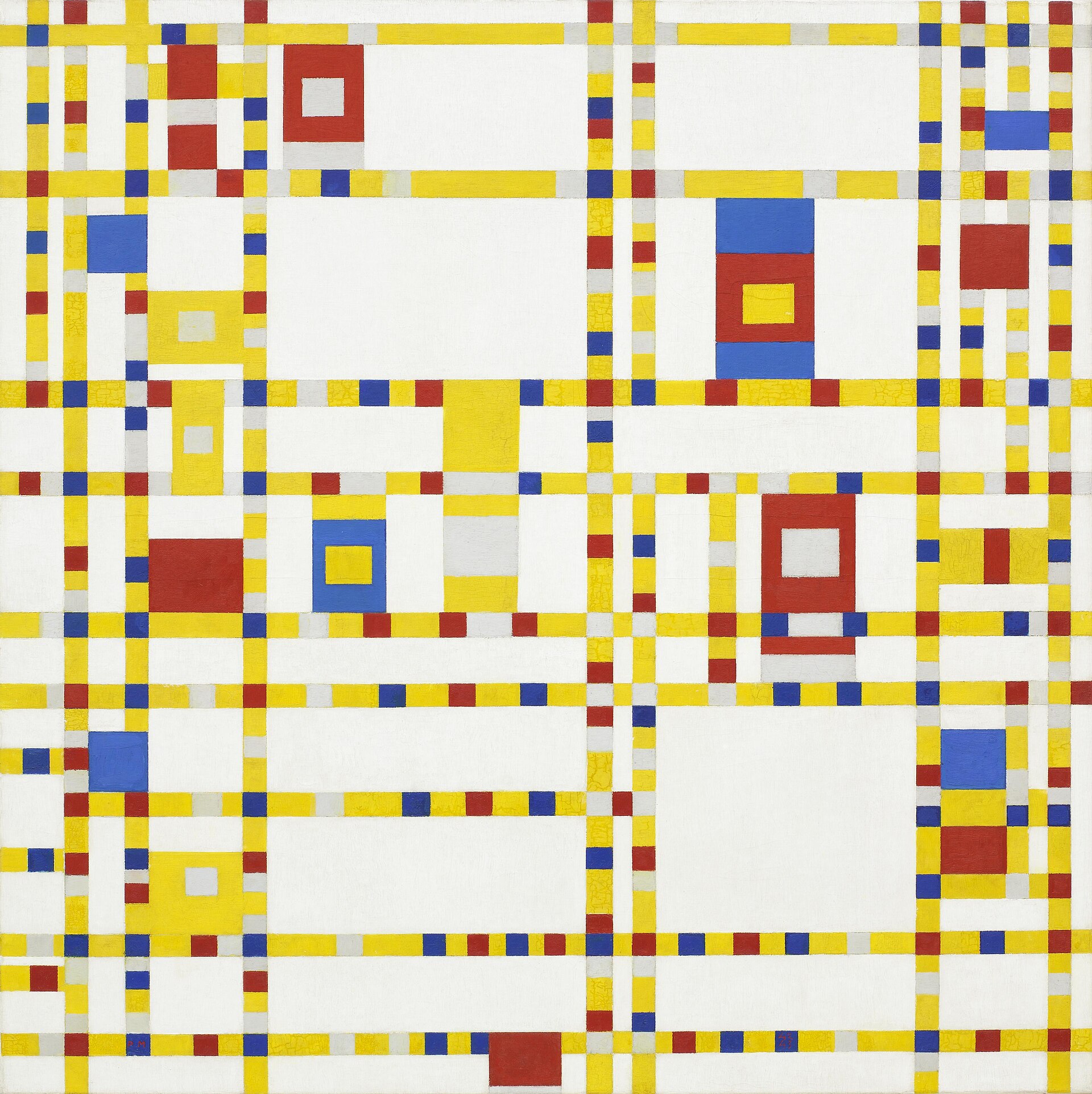 Pintura abstracta de líneas amarillas cruzadas formando una retícula, con pequeños cuadrados rojos, azules y grises intercalados y rectángulos de color dispersos sobre fondo blanco