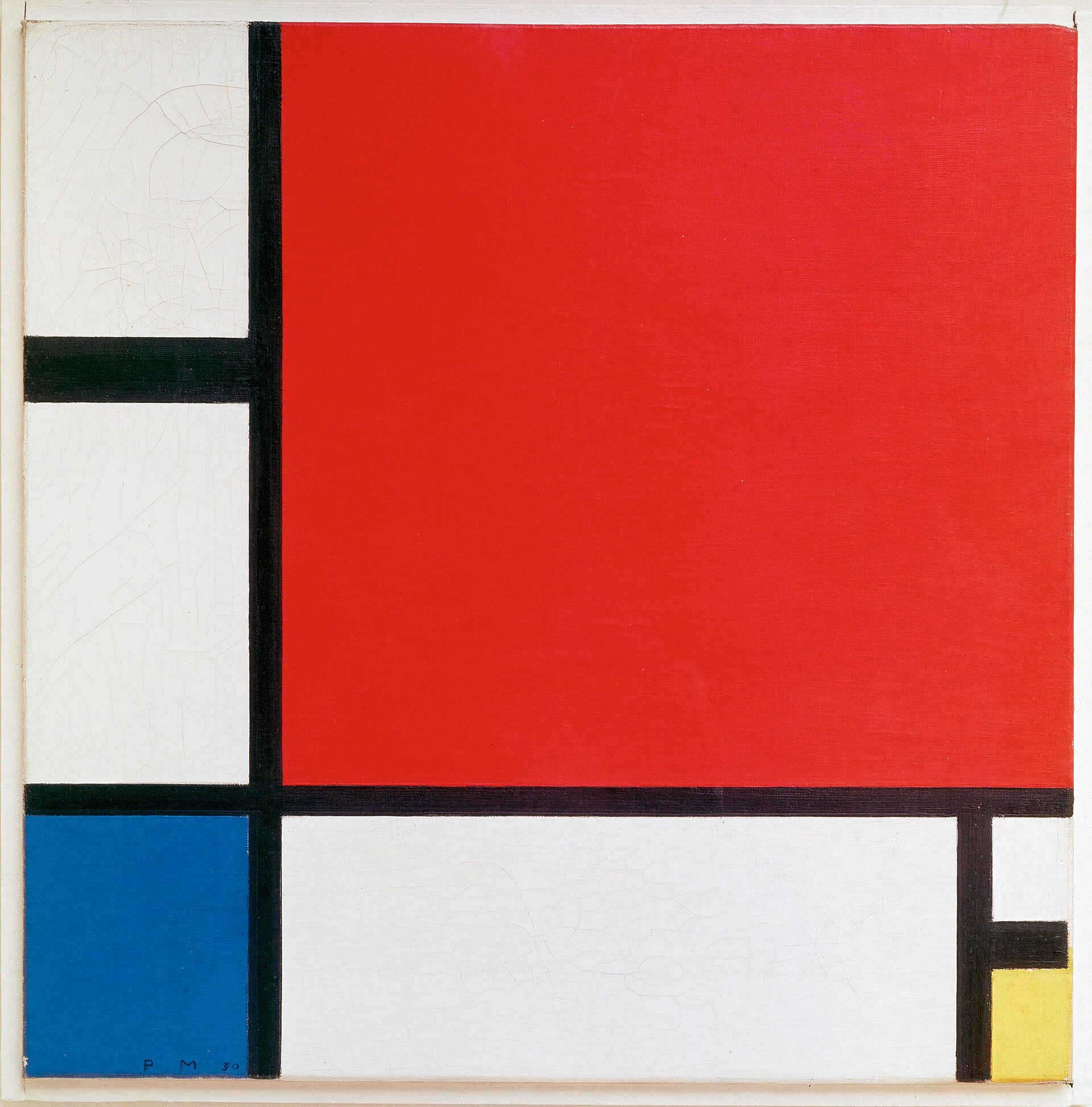 Pintura abstracta con un gran cuadrado rojo arriba a la derecha, un rectángulo azul abajo a la izquierda, un pequeño rectángulo amarillo y líneas negras gruesas sobre fondo blanco