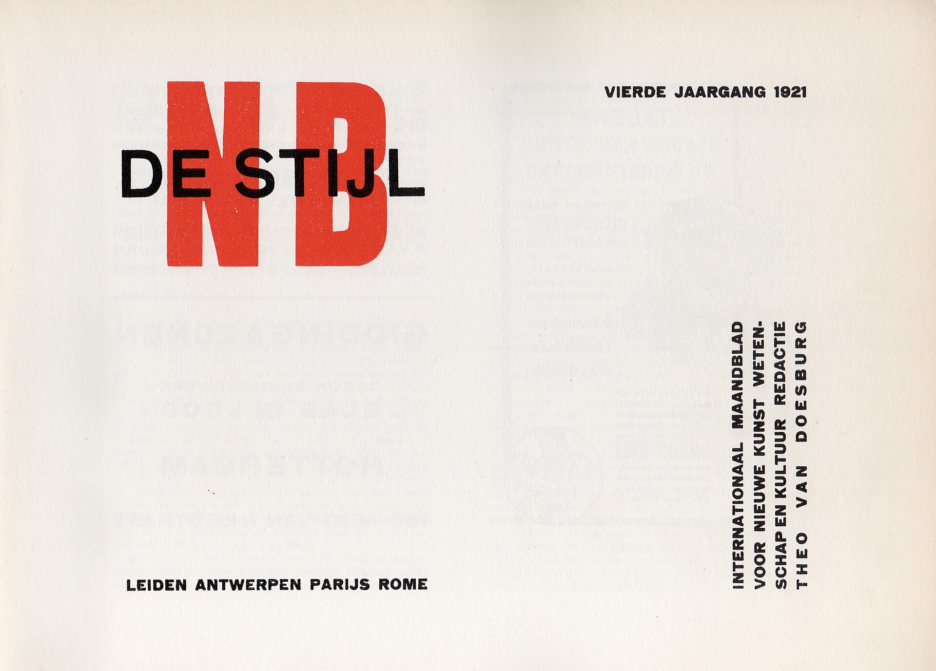 Doble página de una revista con las letras NB en rojo y el título De Stijl en negro a la izquierda, y a la derecha textos tipográficos dispuestos en vertical