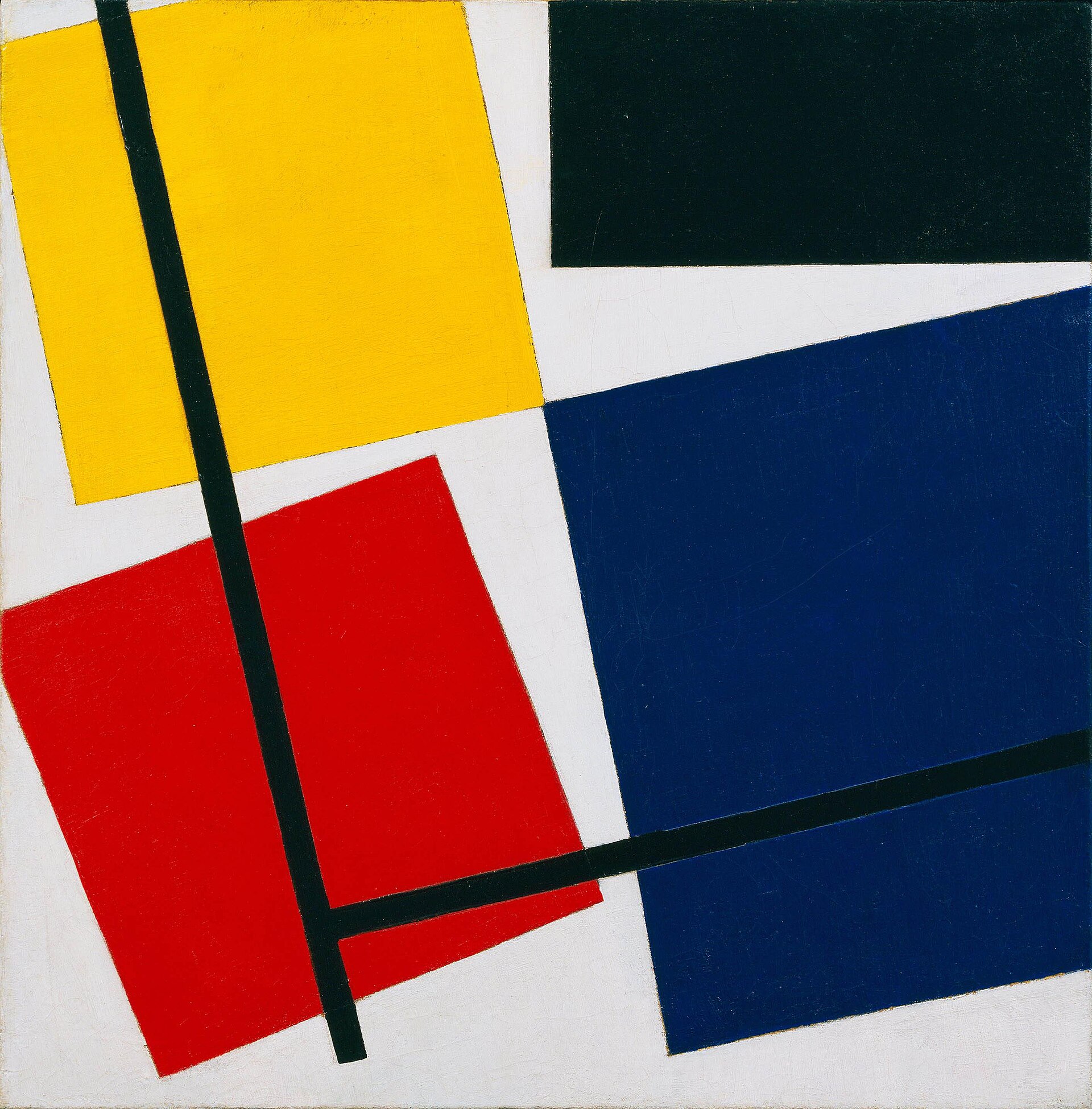 Pintura abstracta con grandes planos amarillo, rojo, azul y negro separados por líneas negras en diagonal sobre fondo blanco