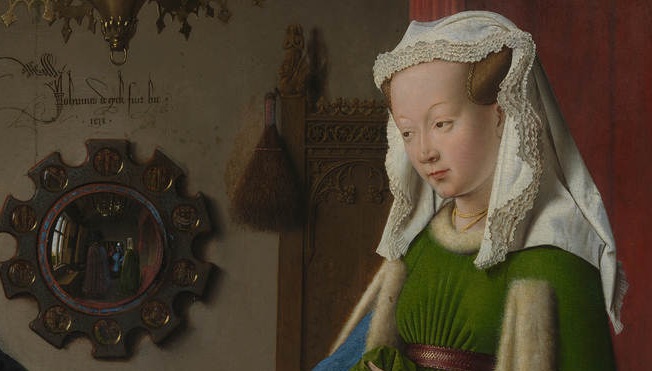 Detalle de una pintura con una mujer con tocado blanco y vestido verde y, a la izquierda, un espejo redondo en la pared
