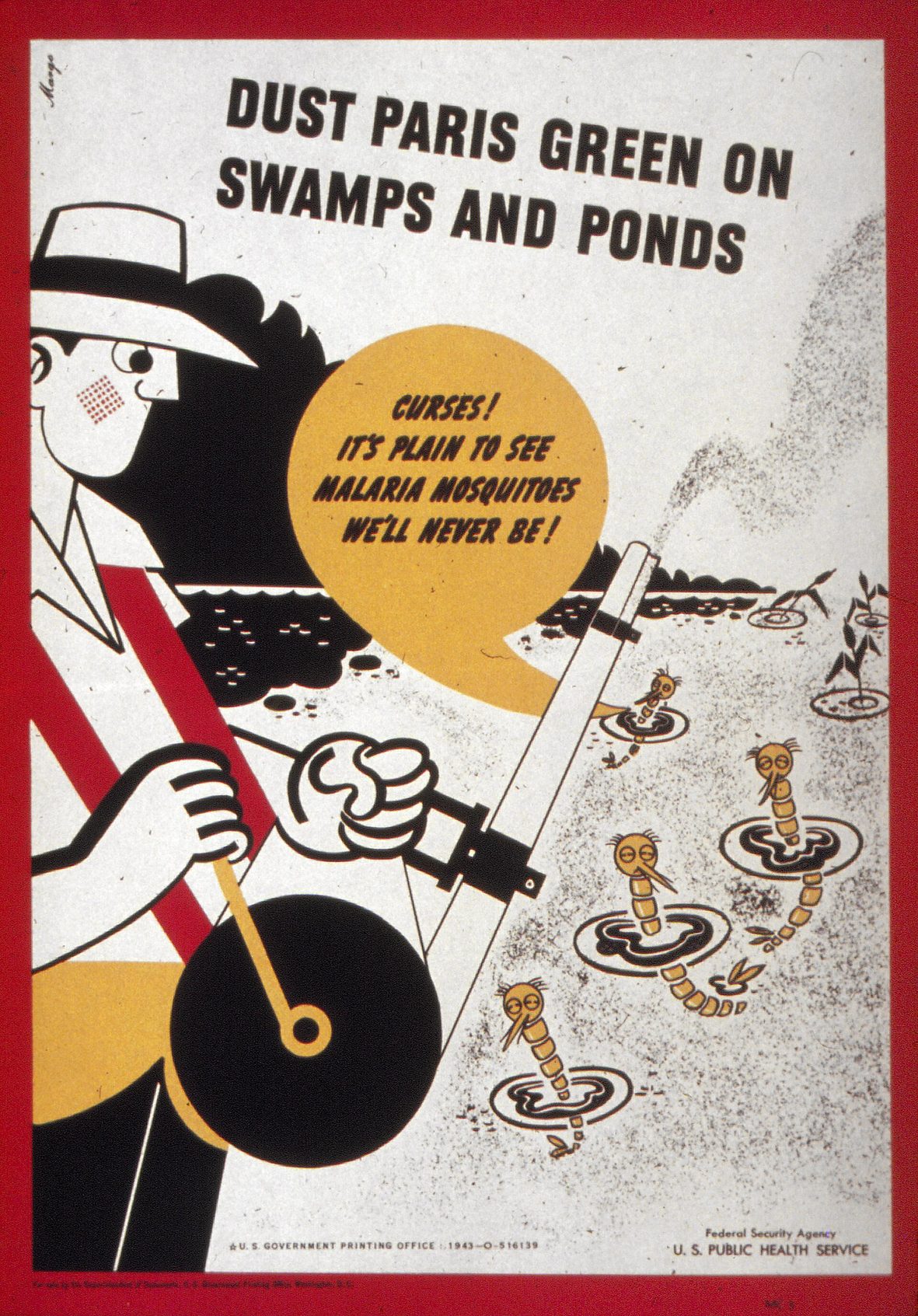 Cartel estadounidense de la Segunda Guerra Mundial con la consigna «Dust Paris green on swamps and ponds», donde un hombre espolvorea polvo verde sobre mosquitos