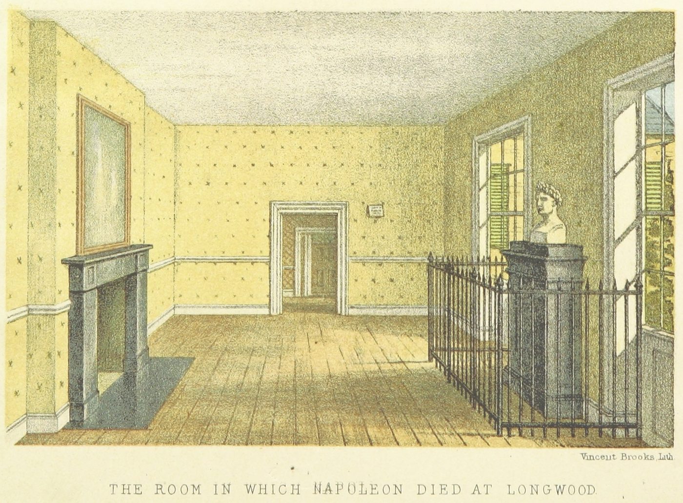 Litografía coloreada de 1875 del interior de la habitación de Longwood donde murió Napoleón, con las paredes de un verde amarillento