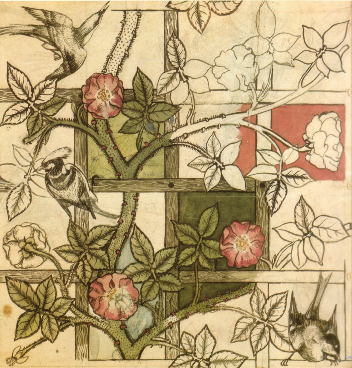 Diseño de William Morris para el papel pintado Trellis, de 1862: un enrejado con rosales y pájaros sobre fondo claro