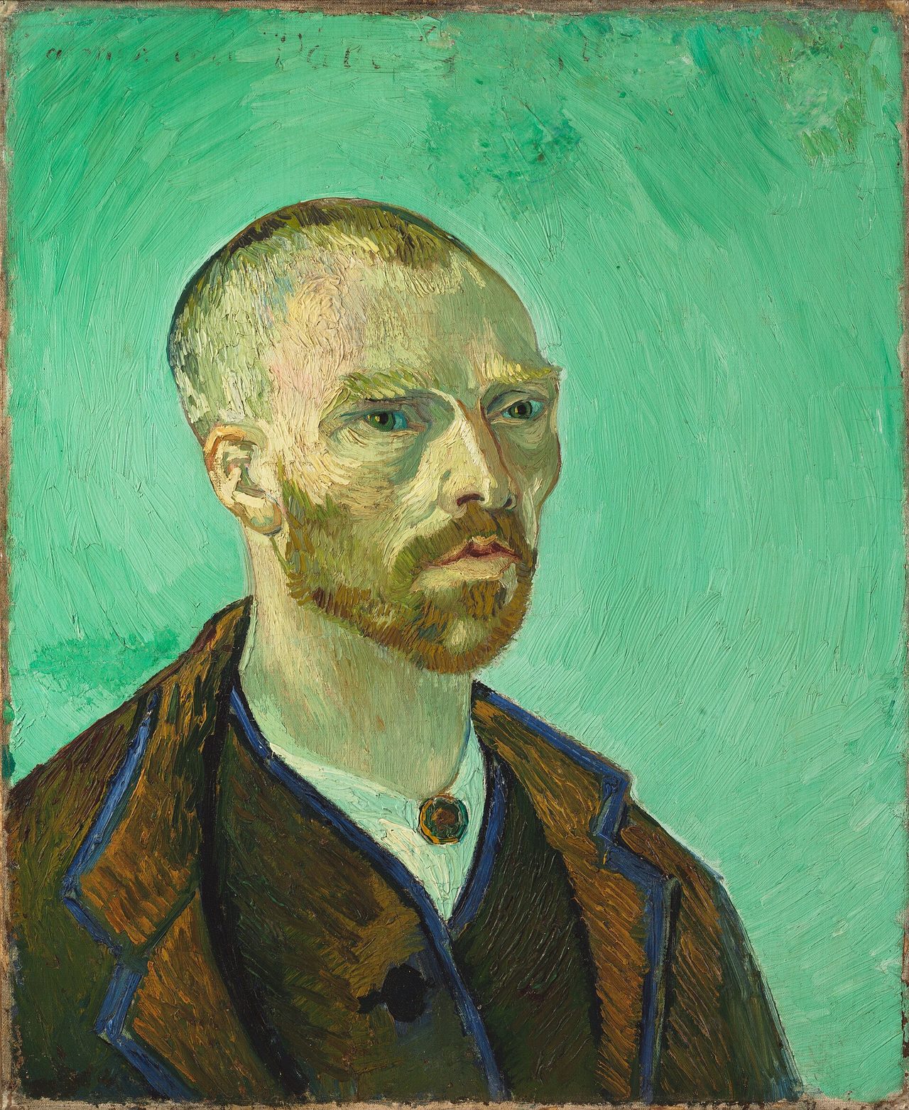 Autorretrato de Van Gogh dedicado a Gauguin, 1888: el pintor de tres cuartos sobre un fondo verde claro uniforme