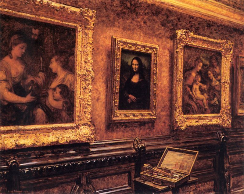 Pintura de una sala de museo con paredes cubiertas de cuadros enmarcados en oro y, en el centro, la Gioconda colgada entre otras obras