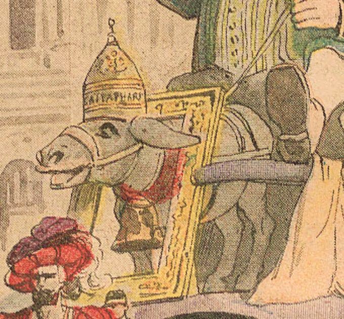 Ilustración en color de un asno con tiara que carga un gran marco dorado vacío en un desfile de carnaval
