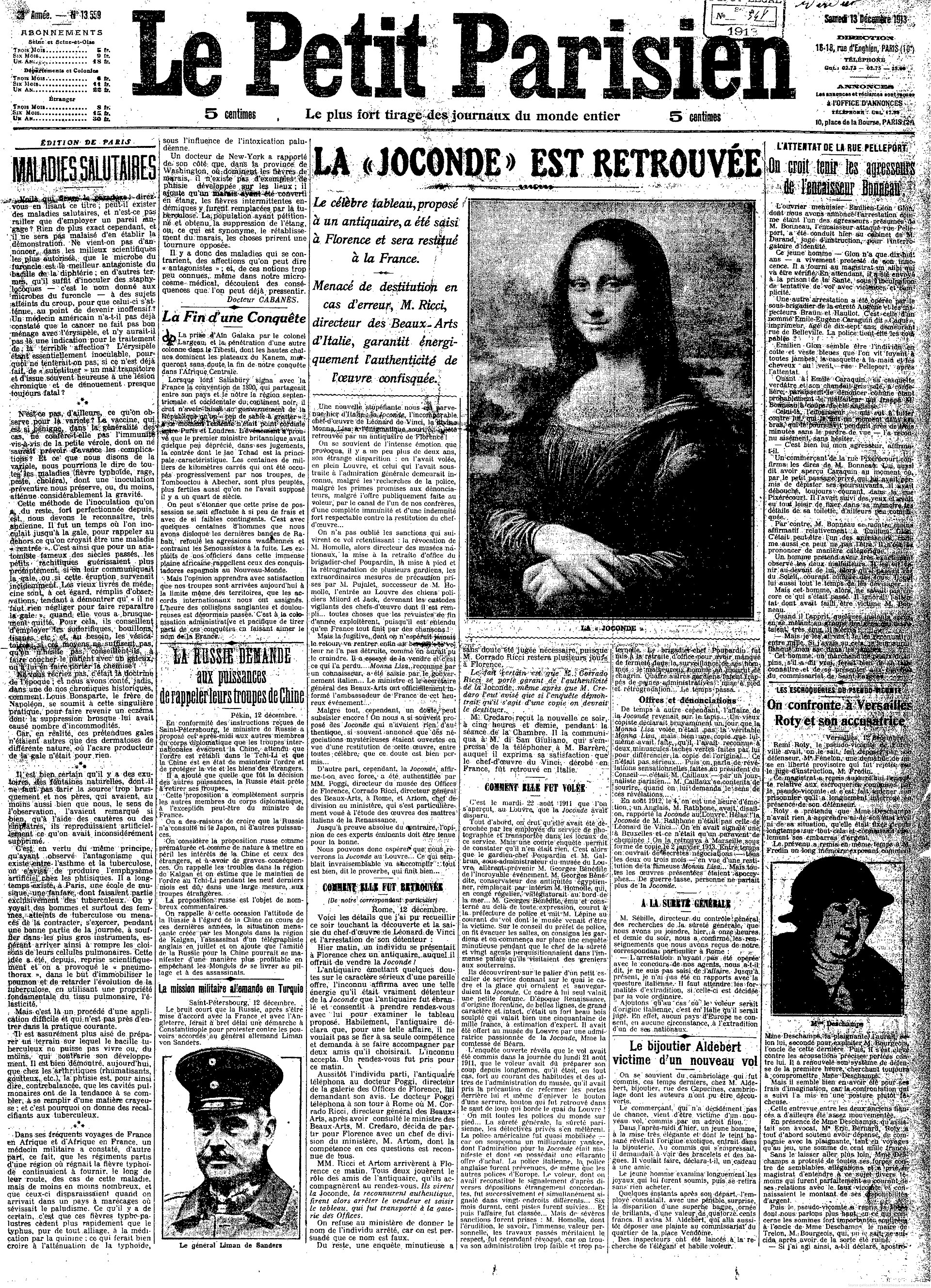 Portada de un diario francés de 1913 con titulares grandes y fotografías del cuadro y del detenido
