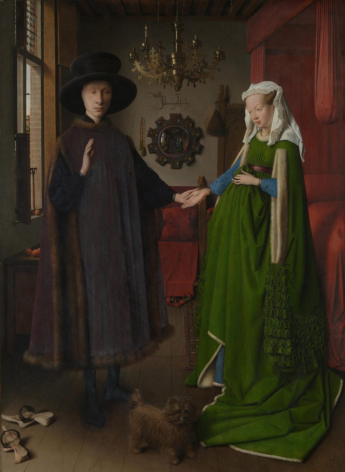 El matrimonio Arnolfini, de Jan van Eyck: una pareja en un interior burgués con un espejo convexo, una vela encendida y un perro