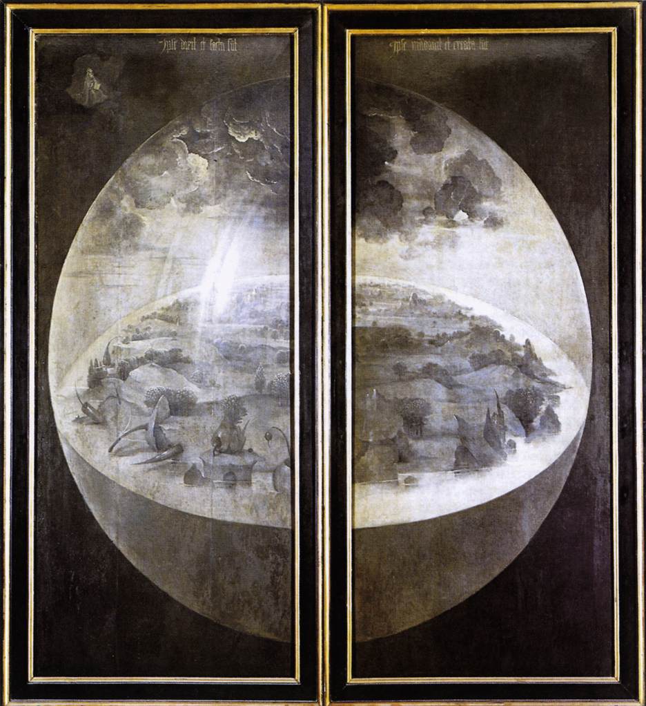 Dos tablas grises que juntas muestran una gran esfera transparente con una tierra plana en su interior, cubierta de vegetación y agua, bajo un cielo oscuro
