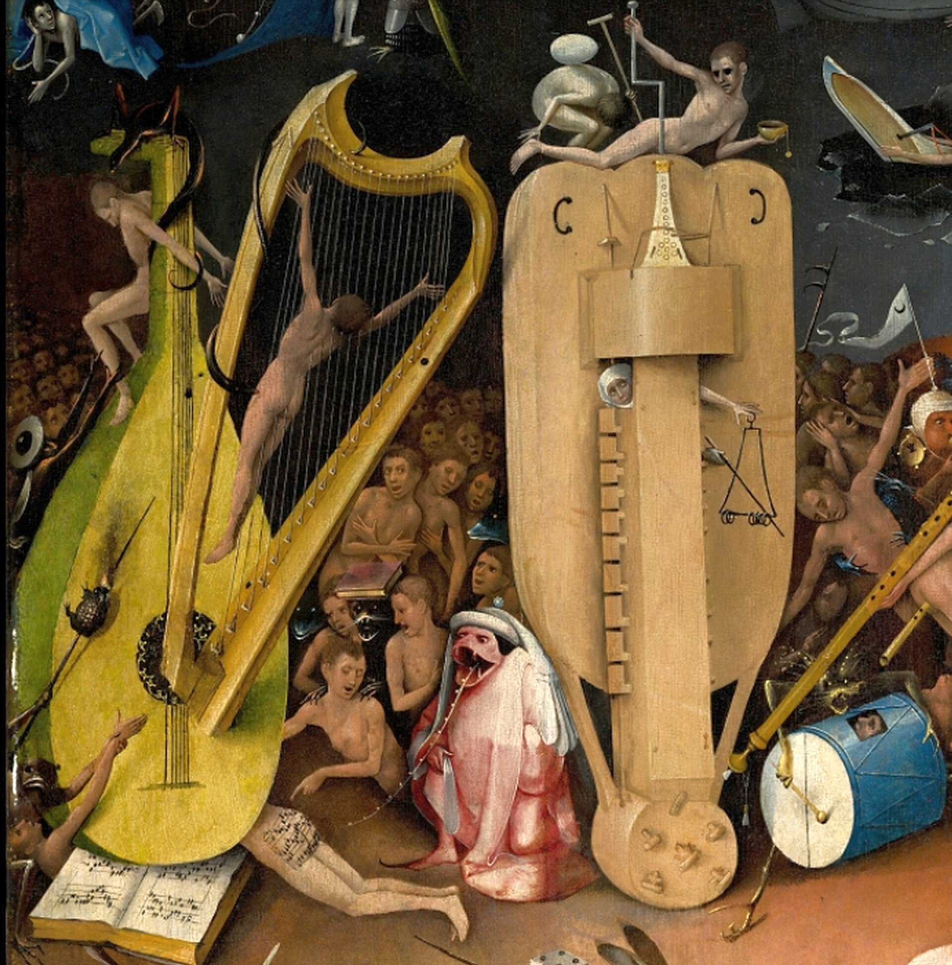 Detalle de una pintura con un arpa y un laúd gigantes en los que hay figuras humanas atrapadas o crucificadas, con un tambor y otras figuras alrededor