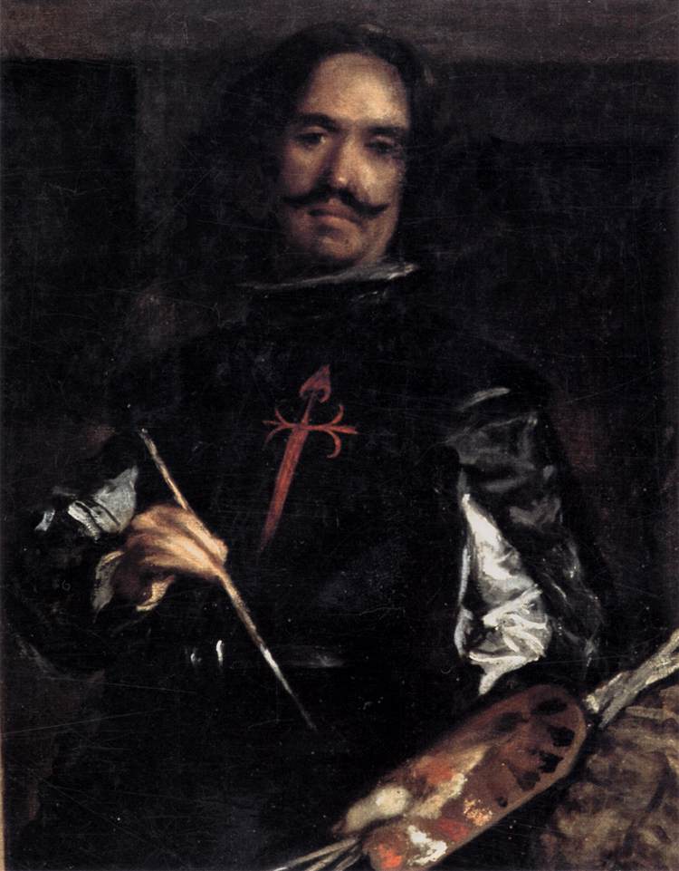 Detalle de una pintura con un hombre de pelo largo y bigote que sostiene una paleta y un pincel y lleva una cruz roja en el pecho