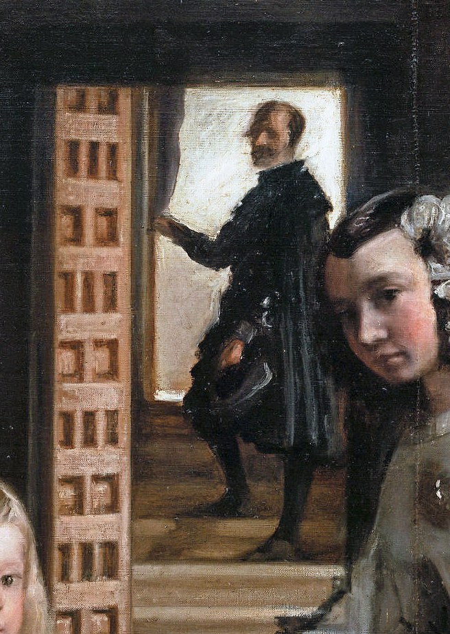 Detalle de una pintura con un hombre de pie en el umbral de una puerta abierta, a contraluz, en lo alto de unos escalones