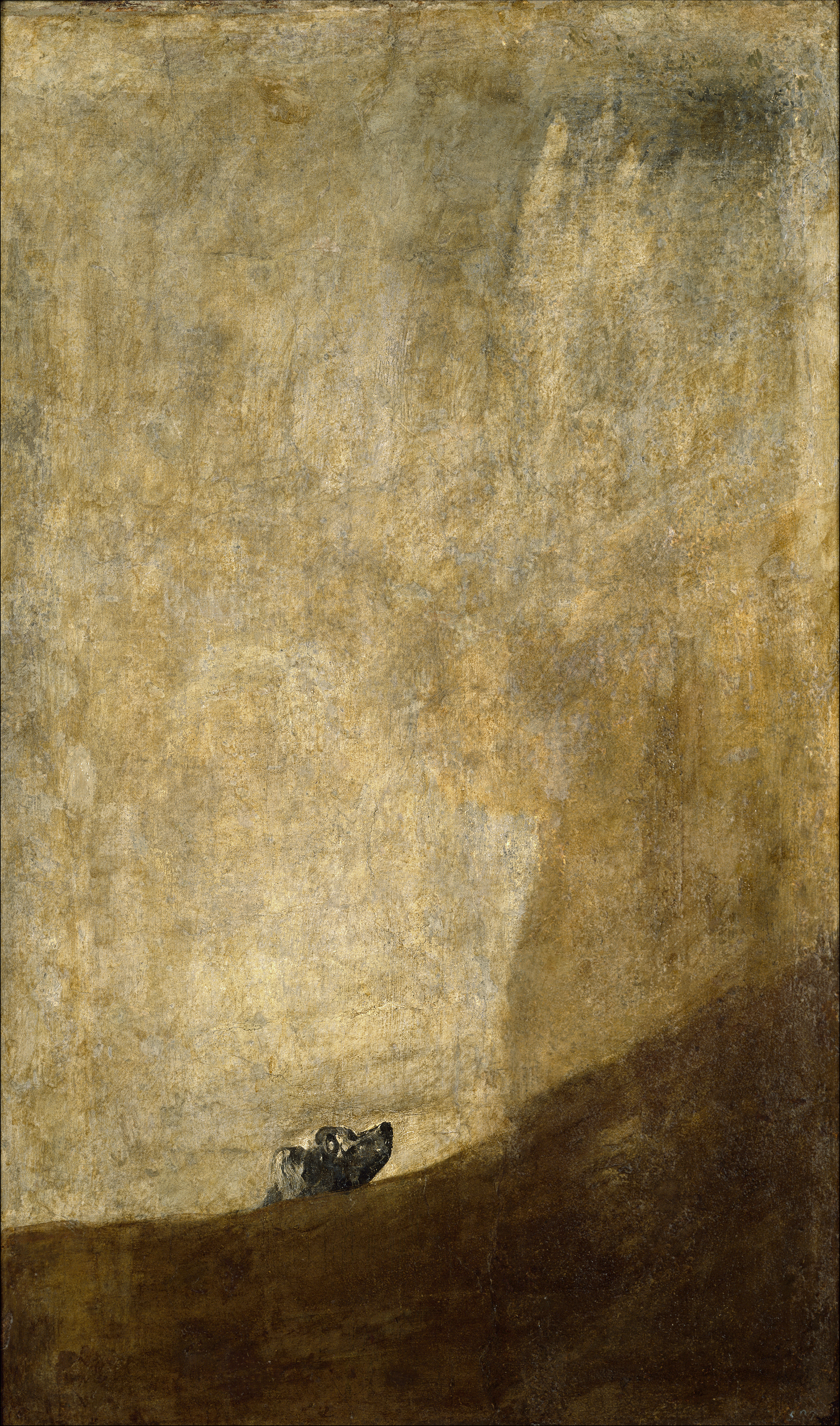 Pintura vertical de tonos ocres casi vacía, con la cabeza de un perro que asoma por encima de una pendiente oscura en la parte inferior