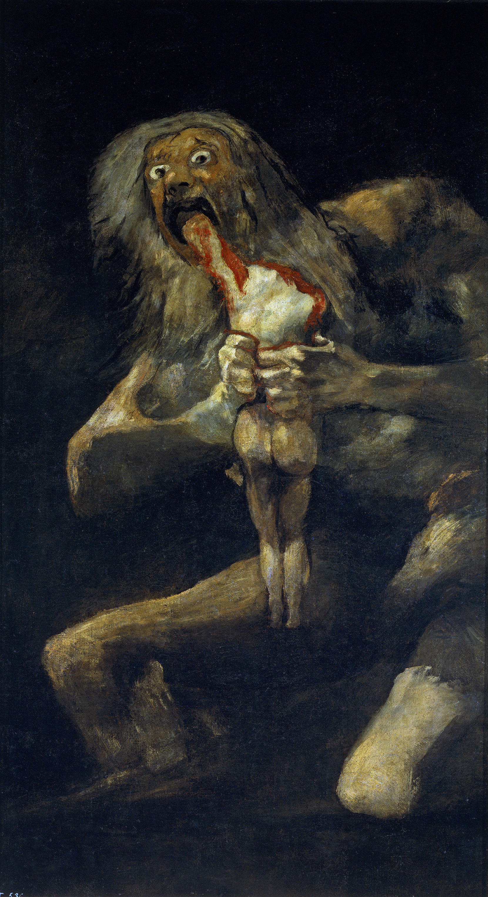 Pintura oscura de una figura gigante de pelo gris y ojos desorbitados que muerde el cuerpo sin cabeza de un hombre que sujeta con las dos manos