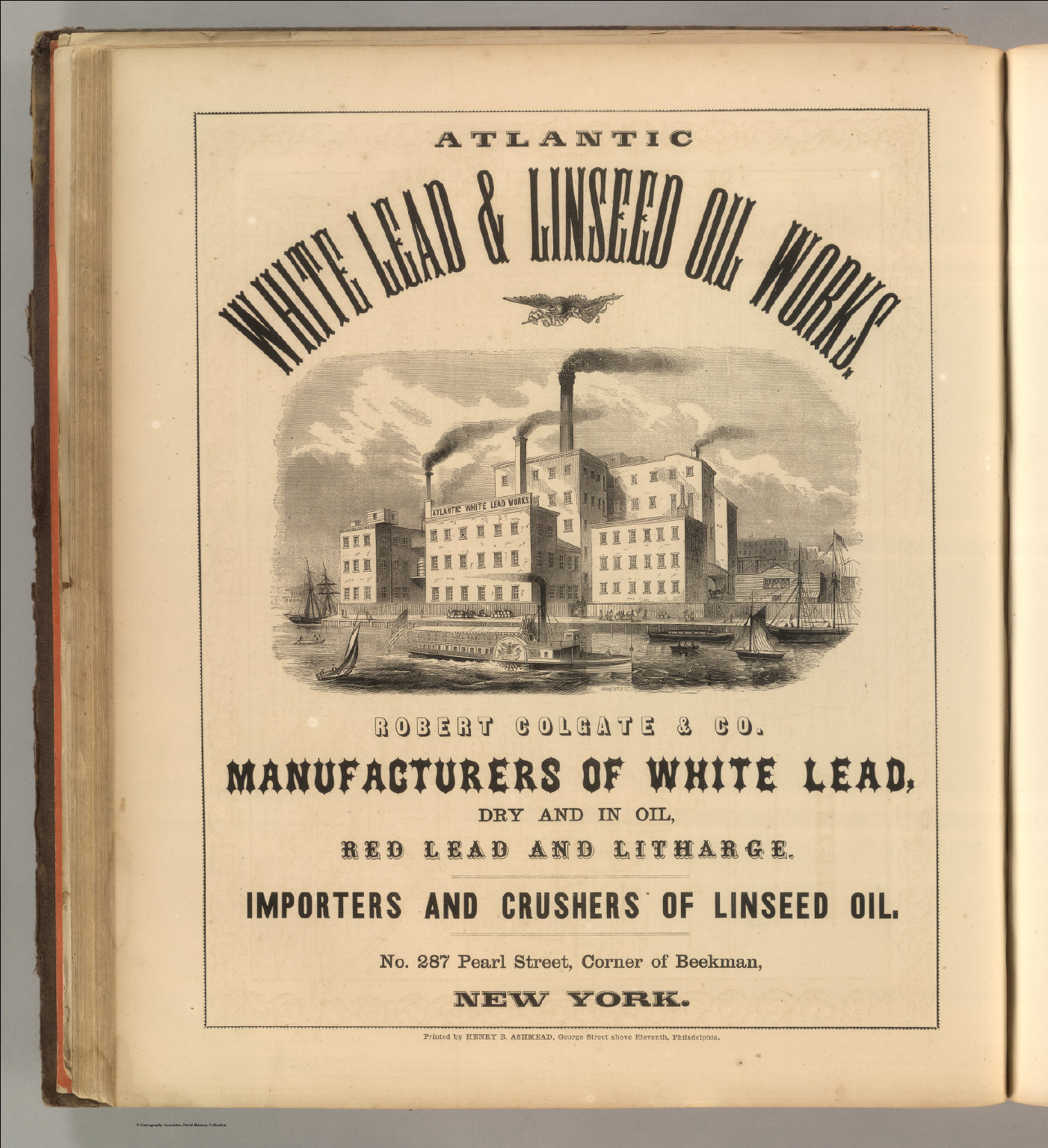Anuncio decimonónico de Atlantic White Lead and Linseed Oil Works, Robert Colgate y Compañía, Nueva York, con una viñeta de la fábrica