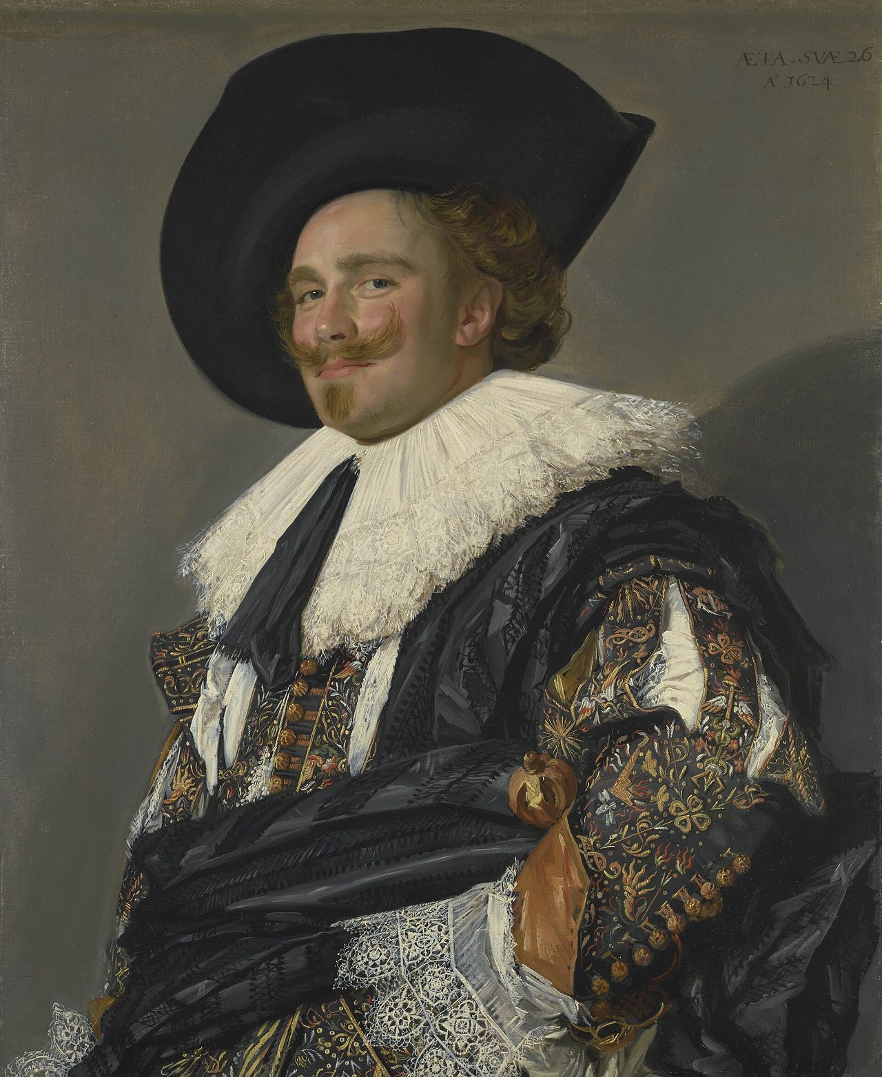 El caballero de la sonrisa de Frans Hals: hombre joven de bigote con sombrero de ala ancha, jubón bordado y amplio cuello de encaje blanco