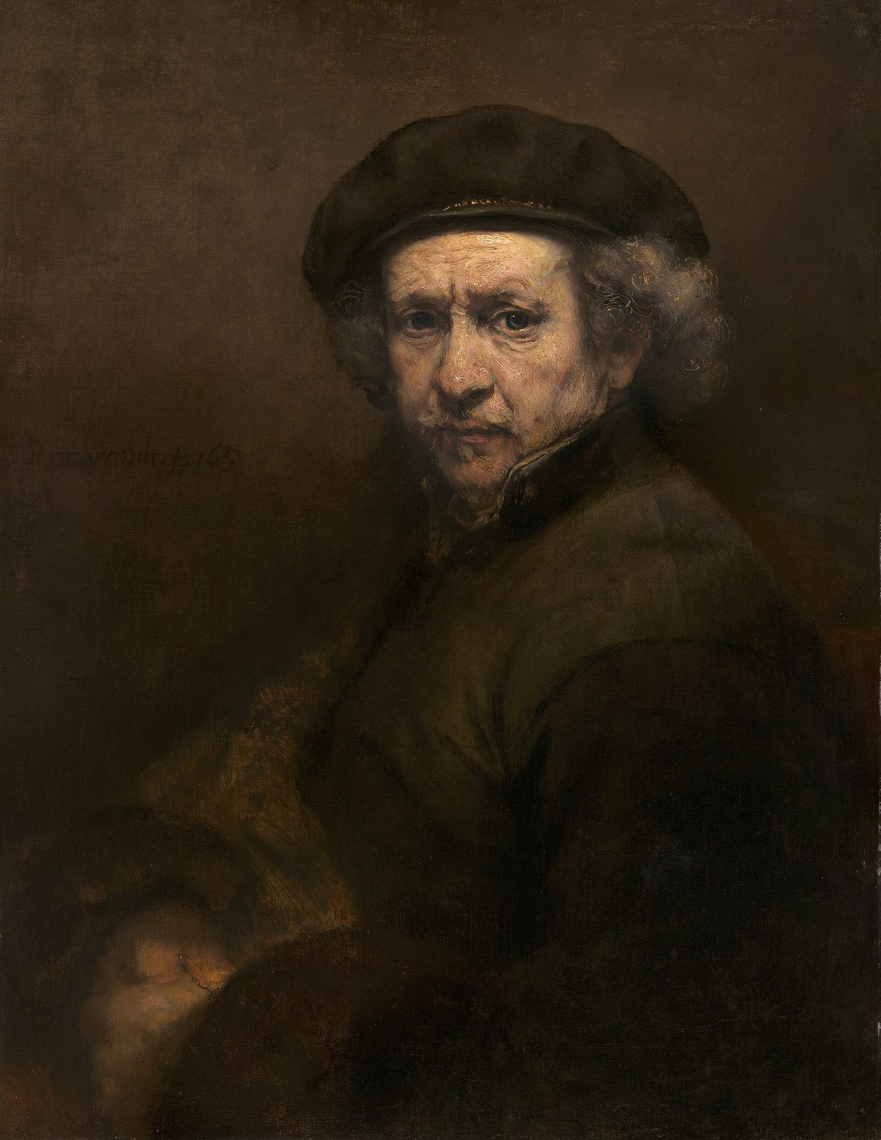 Autorretrato de Rembrandt de 1659: el pintor de frente, con gorro oscuro, el rostro iluminado y la pintura visiblemente espesa