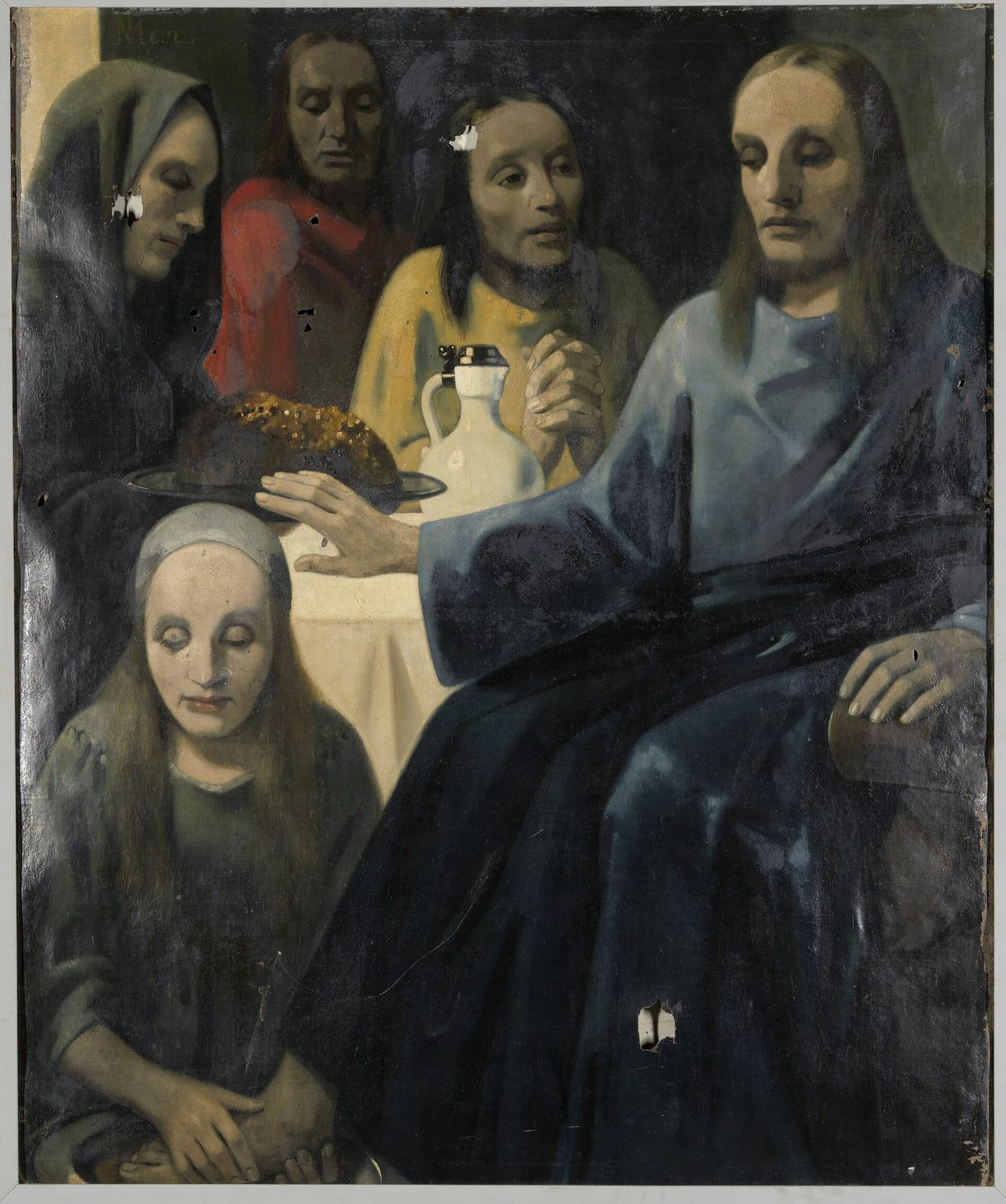 El lavatorio de los pies pintado por Van Meegeren: Cristo arrodillado lavando los pies a un discípulo, con figuras alrededor