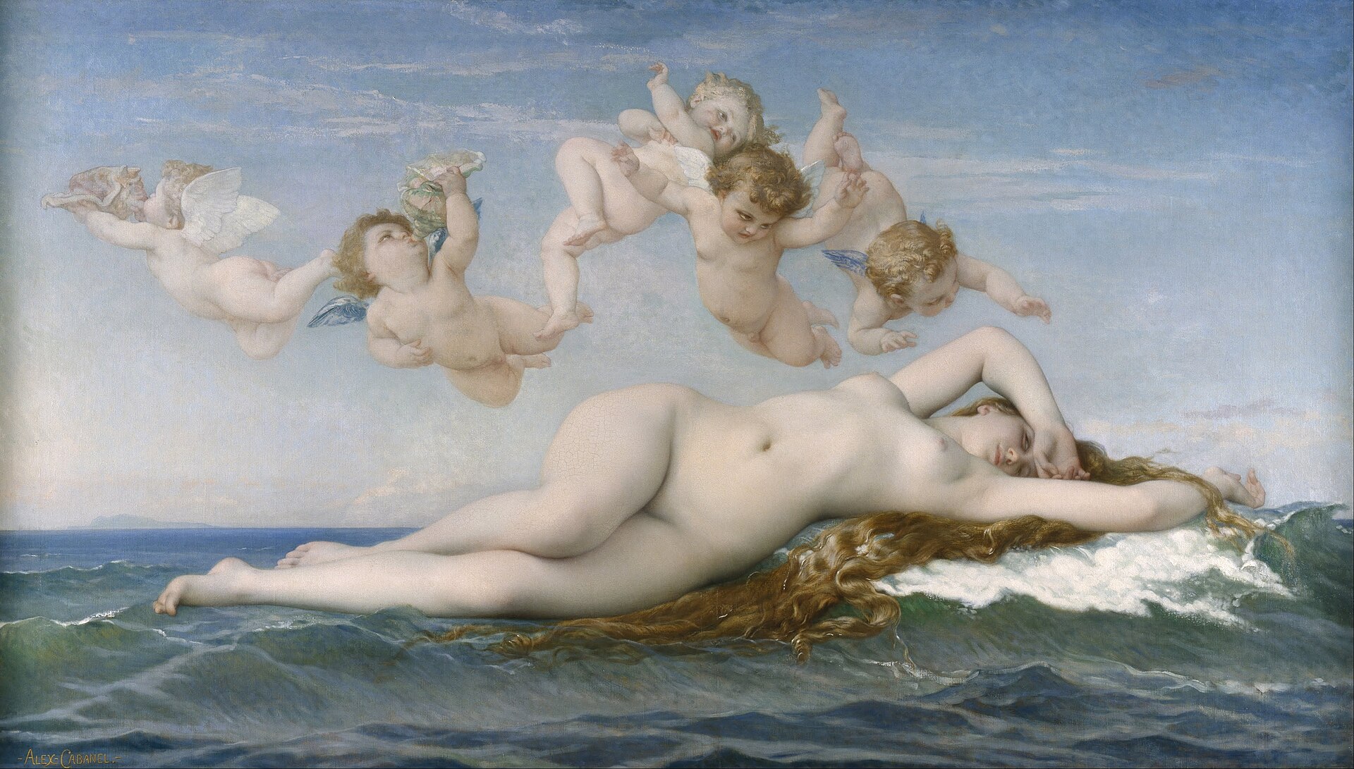 Pintura de una mujer desnuda tendida sobre las olas del mar con varios amorcillos volando por encima