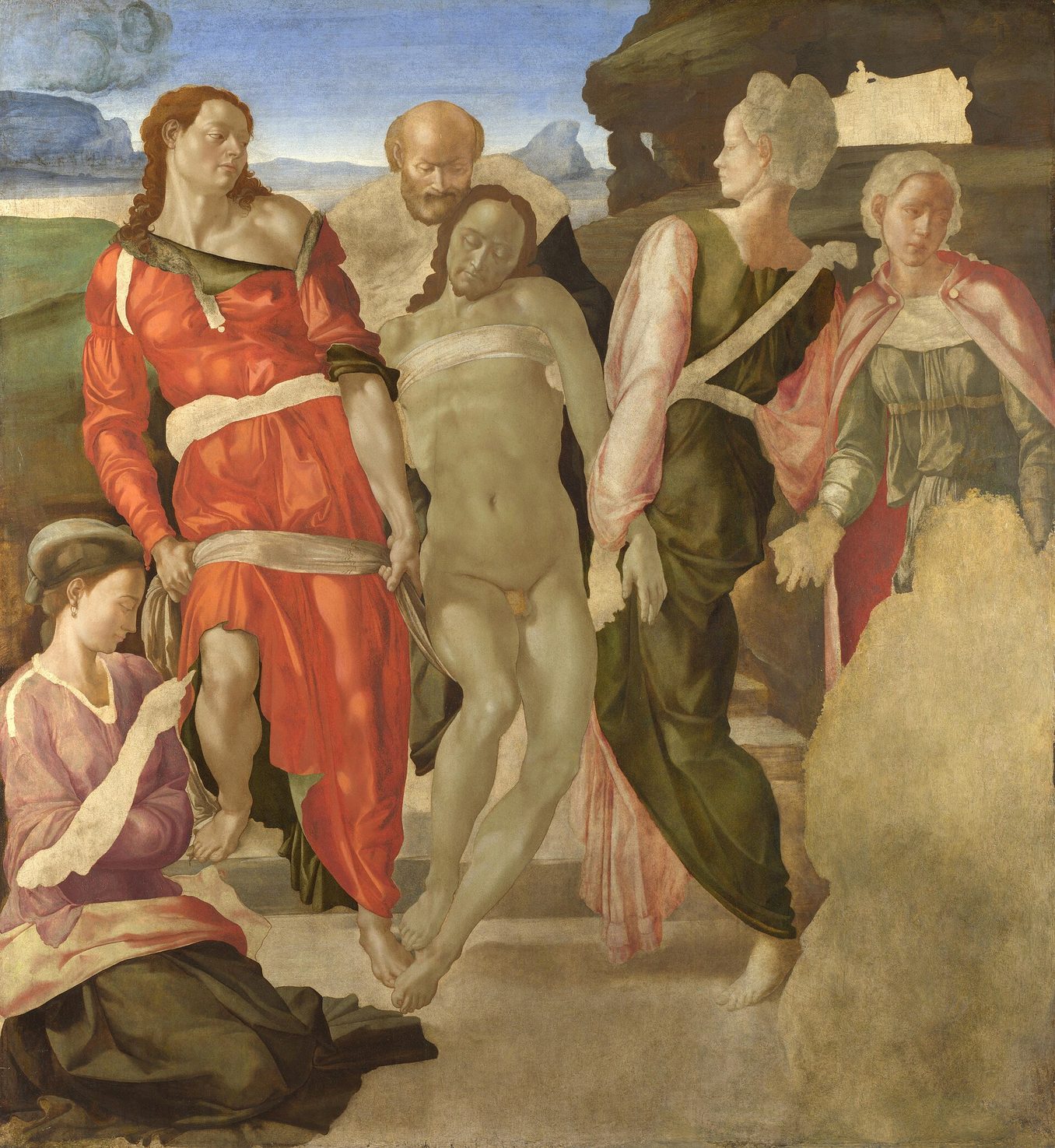 El entierro de Cristo de Michelangelo, sin terminar: el cuerpo de Cristo sostenido por varias figuras, y abajo a la derecha una zona en blanco con el dibujo a la vista