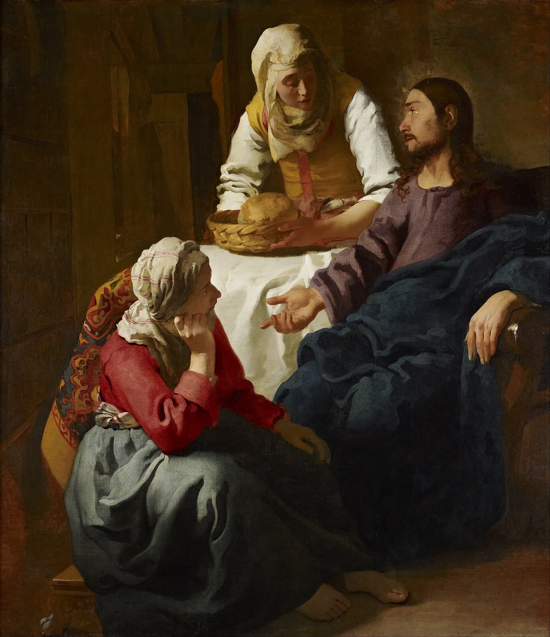 Pintura del siglo XVII con Cristo sentado conversando con dos mujeres, una de pie con una cesta de pan y otra sentada a sus pies