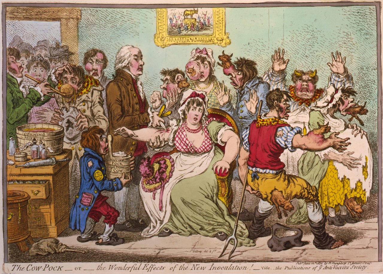 Caricatura antigua en color de una sala llena de gente a la que le salen vacas pequeñas de los brazos y la cara después de vacunarse