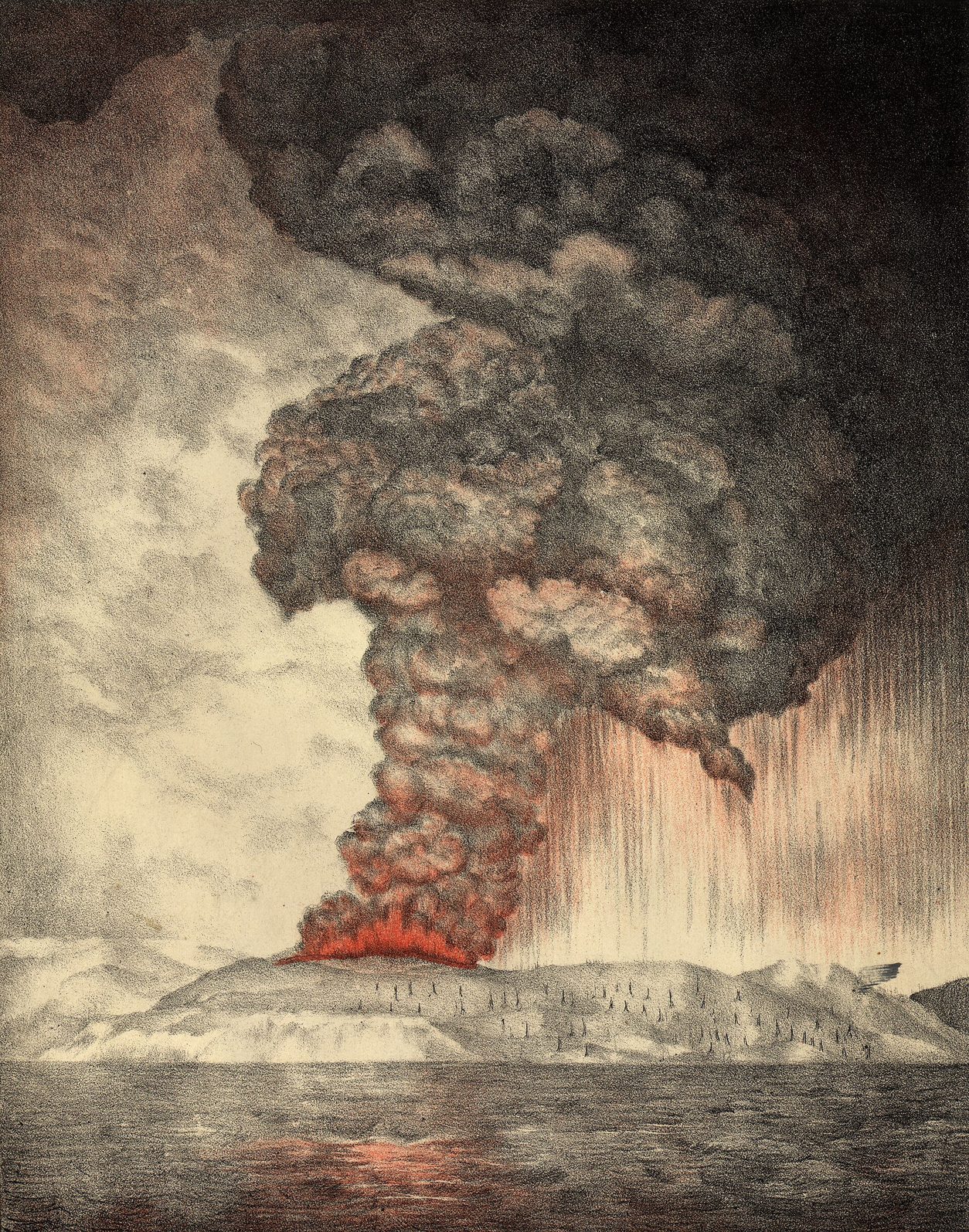 Litografía antigua en color de una enorme columna de humo y ceniza saliendo de un volcán en el mar