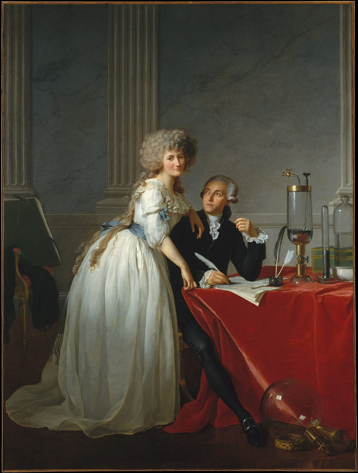Retrato de un hombre sentado ante una mesa con instrumentos de laboratorio y una mujer de pie a su lado, pintura del siglo XVIII