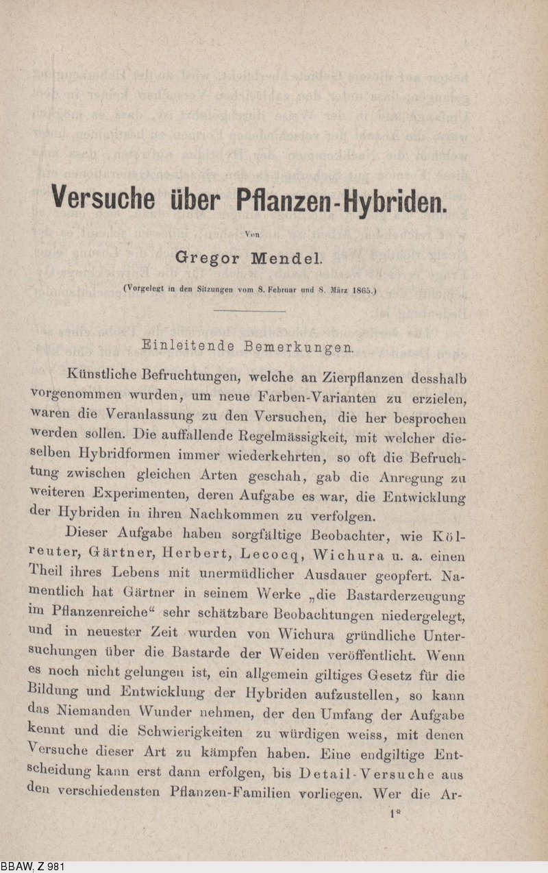 Primera página impresa de un artículo científico en alemán de 1866, con el título Versuche über Pflanzen-Hybriden
